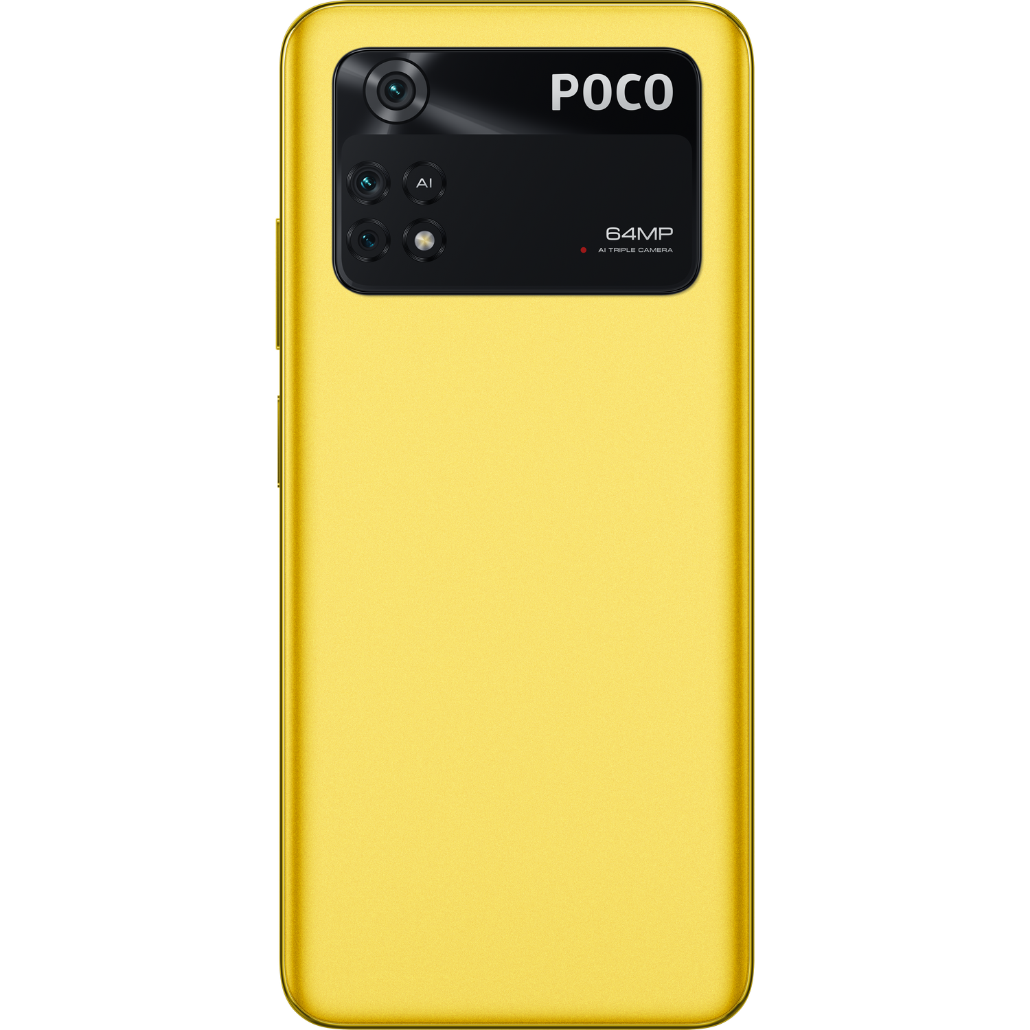 Vista trasera del teléfono Poco amarillo. Carcasa negra de la cámara con texto Poco y cámara triple de 64MP.