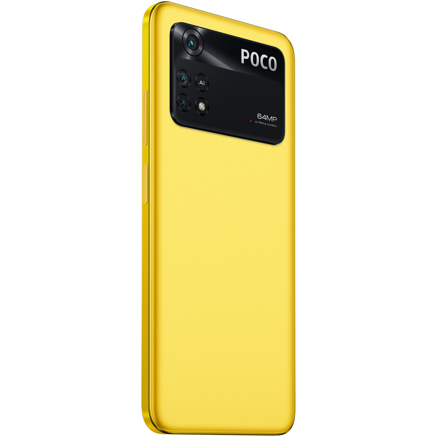 Teléfono Poco amarillo con un módulo de cámara negro. El teléfono está en ángulo, mostrando detalles de la cámara.
