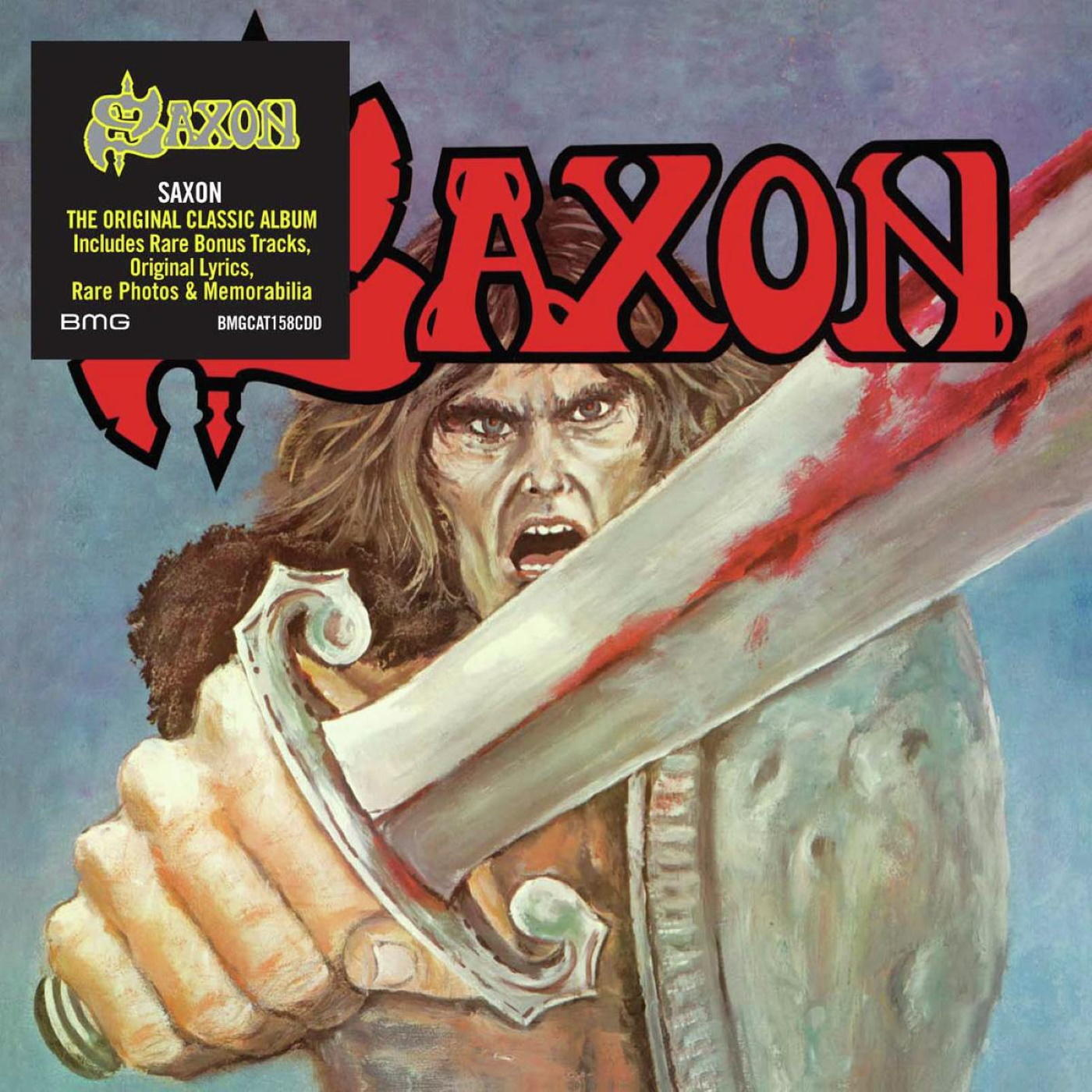 A Saxon album borítója, egy karddal rendelkező férfival.