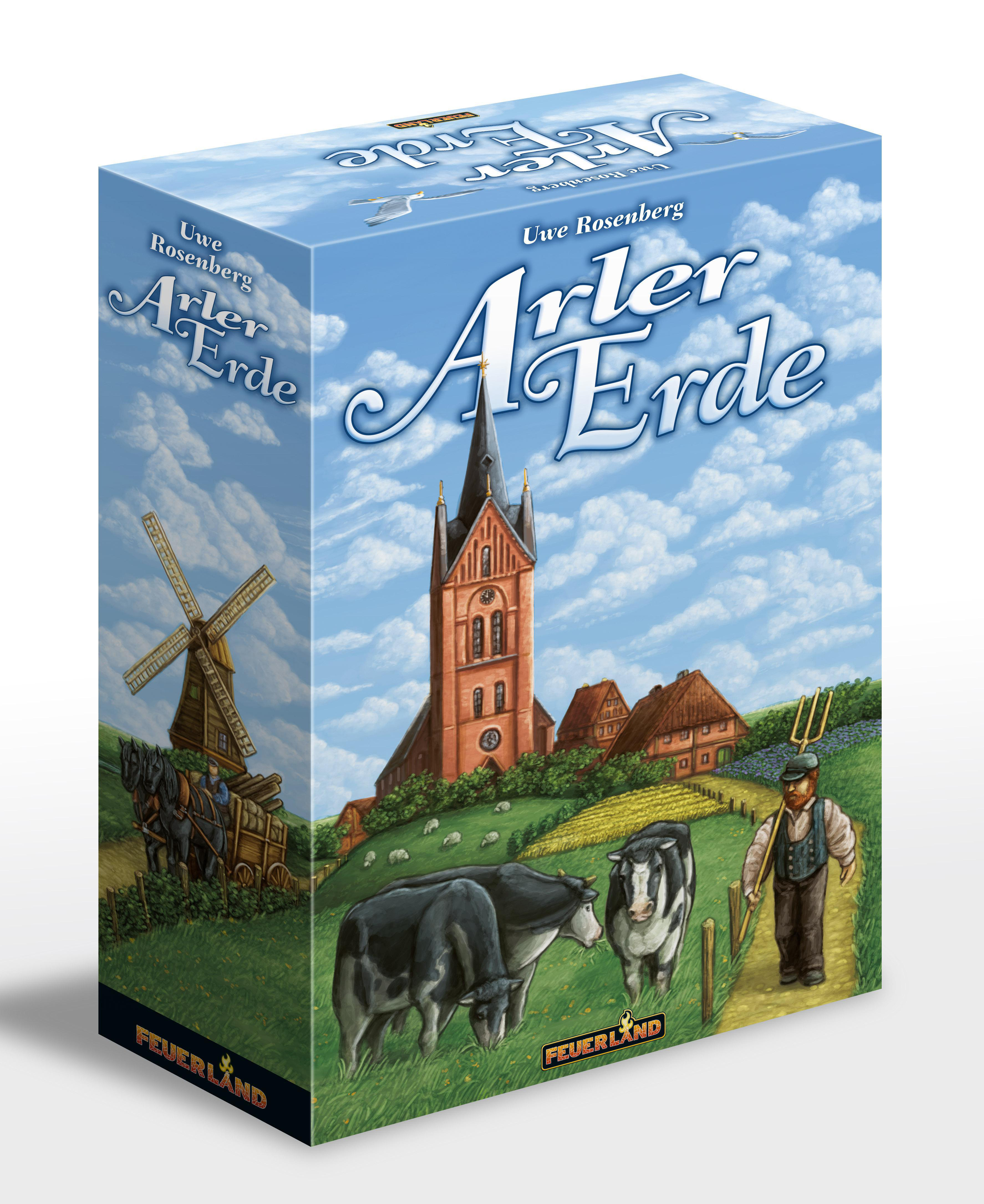 Box-Art für ein Brettspiel mit einer ländlichen Szene und Text.