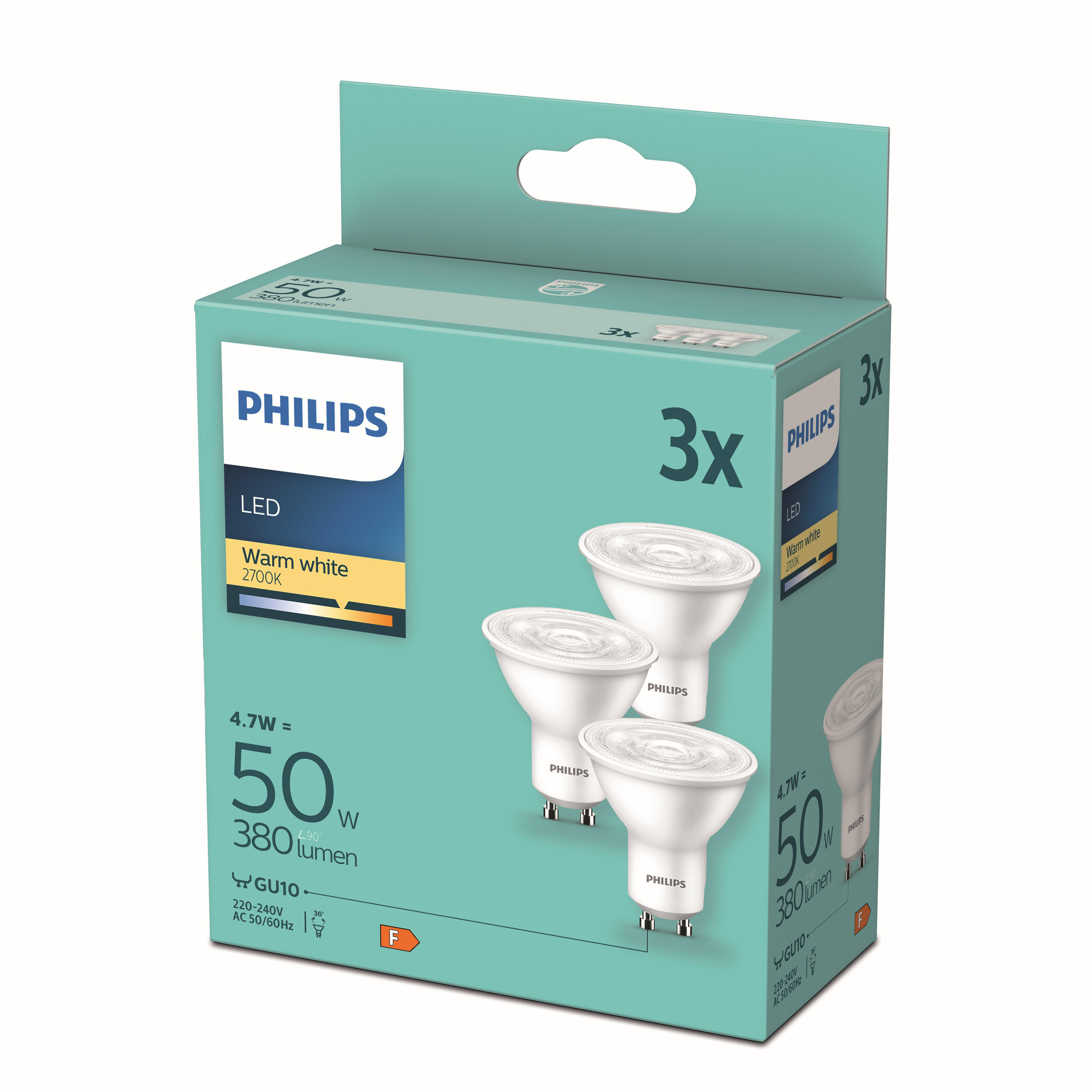 Schachtel mit Philips LED-Glühbirnen, mit 3 sichtbaren Glühbirnen, auf weißem Hintergrund.