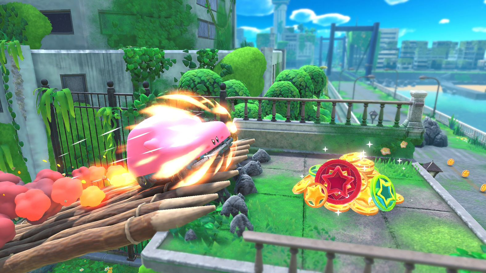 Kirby-personage dat door een scène rent, met munten.