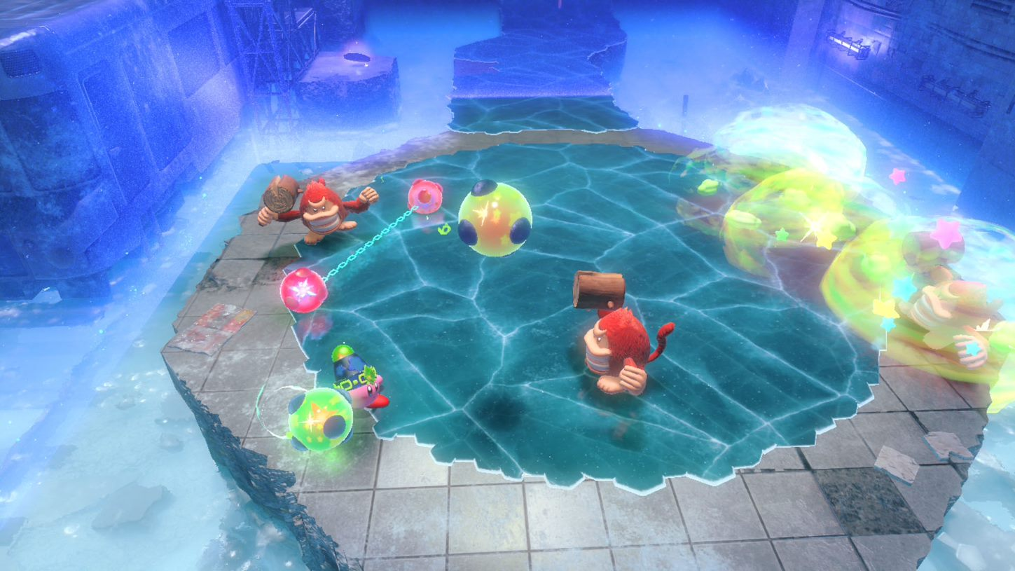 Een videogame-scène met stripfiguren in een kleurrijke, waterrijke omgeving met bubbels.