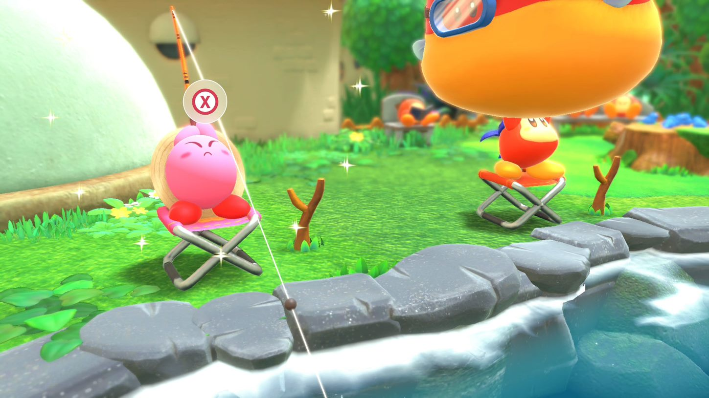 Kirby vist met een vriend op een zonnige dag bij een meer.