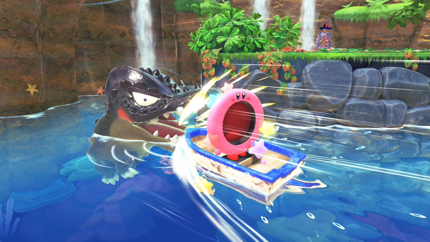 Cartoonillustratie van Kirby in een boot die vecht tegen een monster in een waterval.