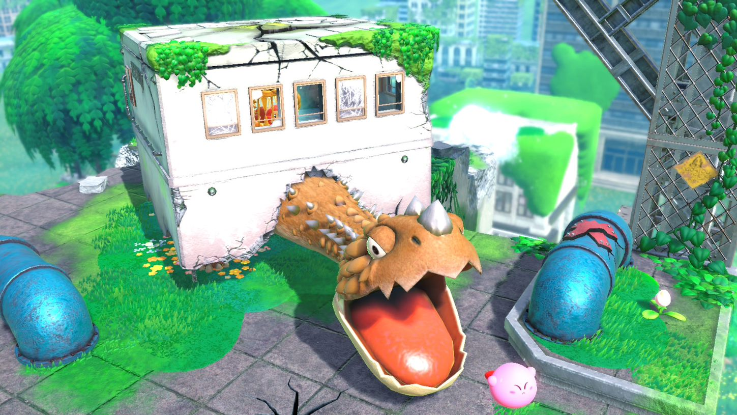 Een videogame scène met een draakachtig wezen dat door een gebouw breekt. Roze Kirby is zichtbaar.