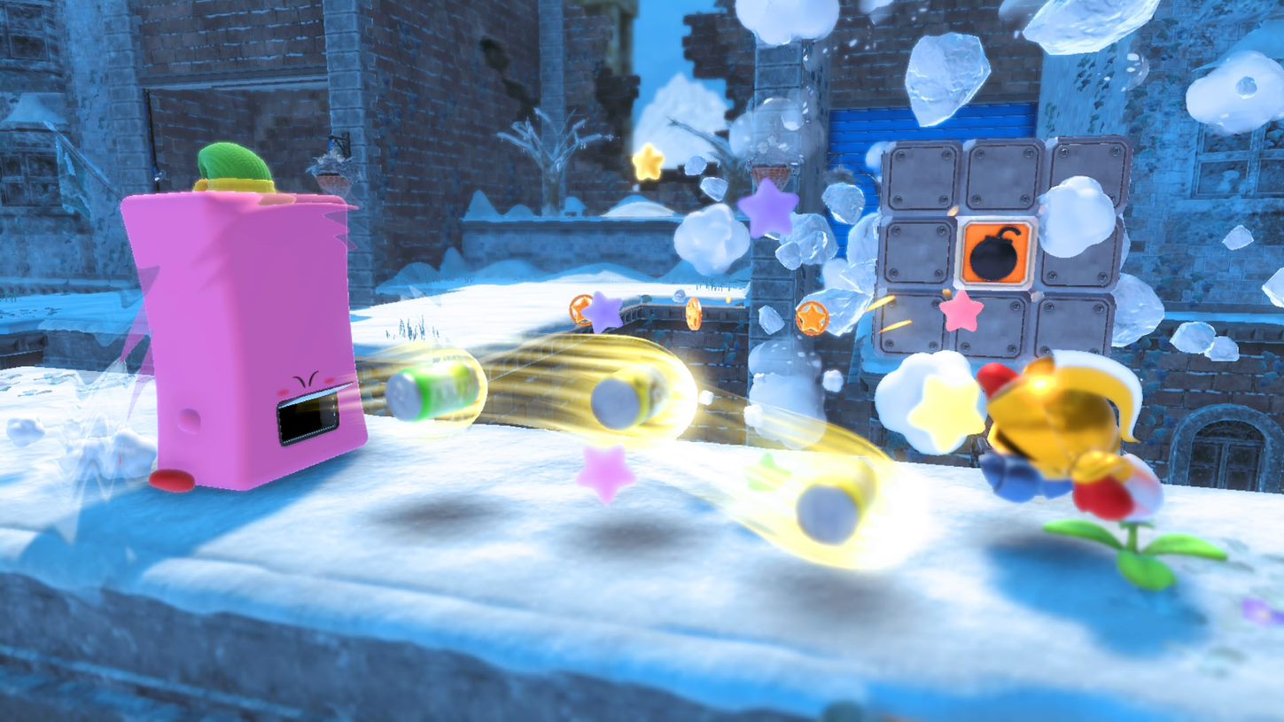 Een personage schiet projectielen af in een besneeuwde omgeving, een roze machine op de achtergrond.