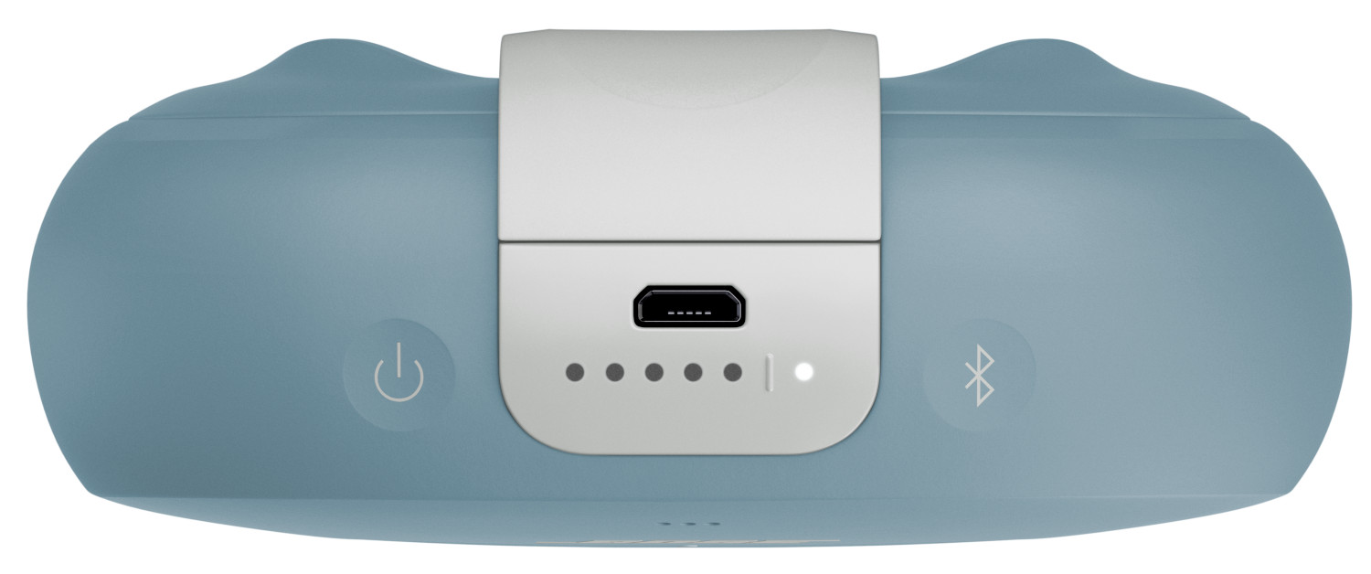 Ein blaues und weißes Gerät mit Knöpfen und USB-Anschluss, Bluetooth-Symbol.