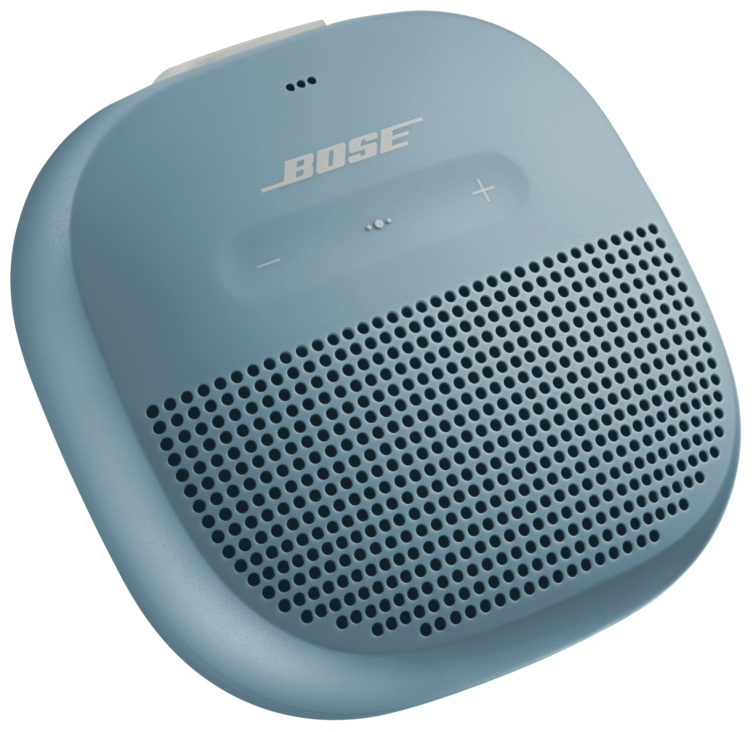 Blauer Bose-Lautsprecher mit rundem Design und einem Lochmuster auf der Vorderseite.