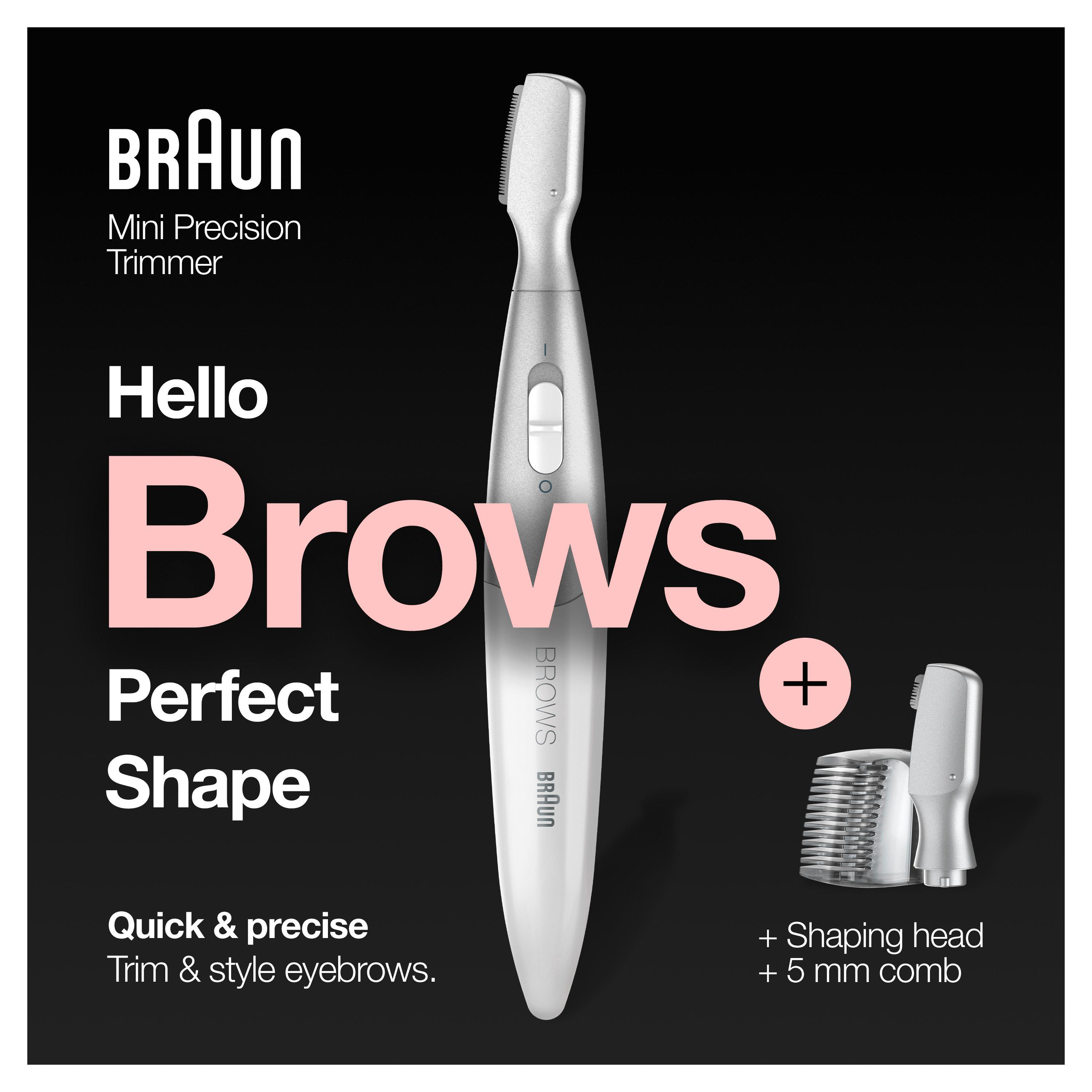 Braun Mini Präzisionstrimmer mit Text 'Hello Brows' und 'Perfect Shape' auf schwarzem Grund.