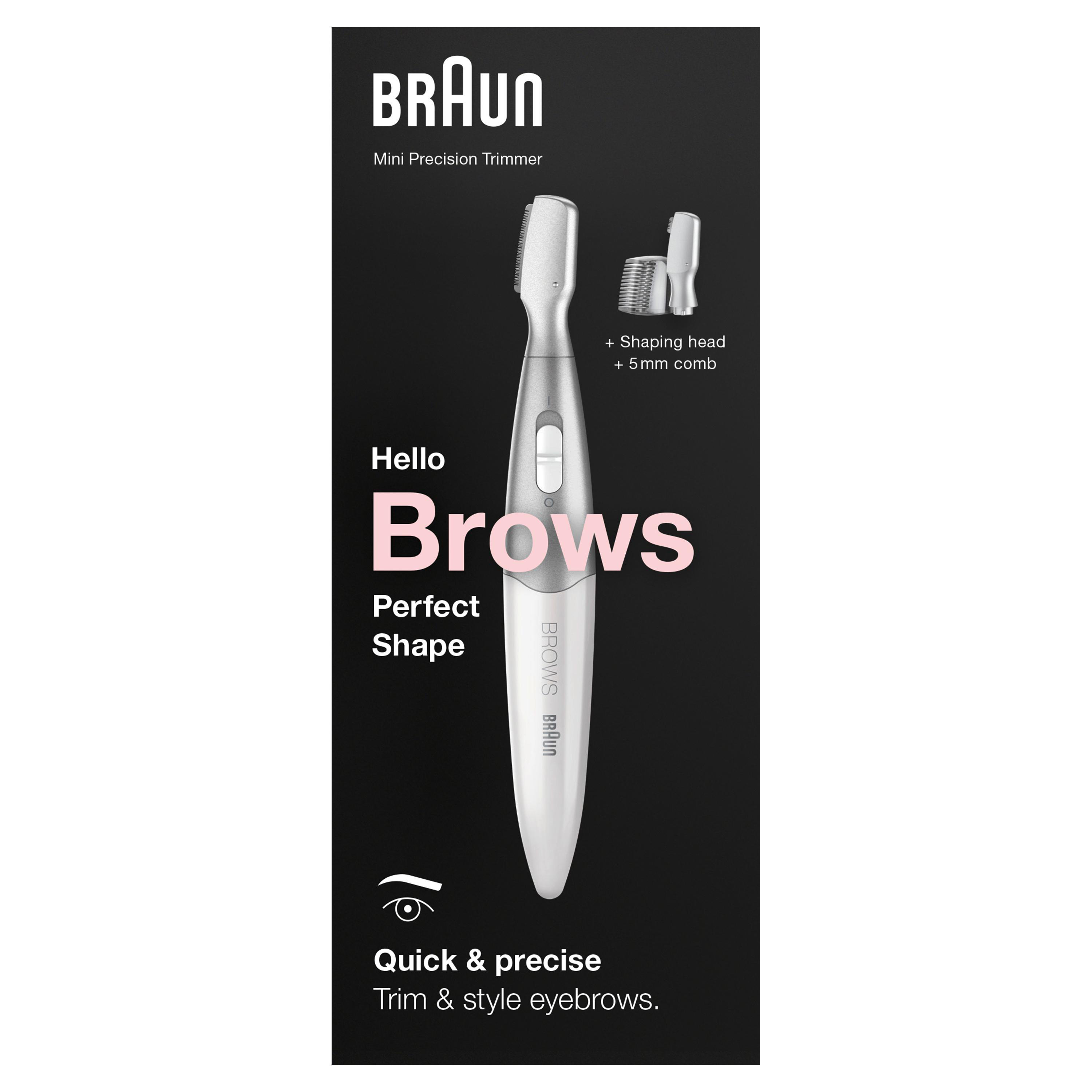 Ein Braun Augenbrauentrimmer mit dem Text 'Hello Brows Perfect Shape' und 'Quick & Precise'.