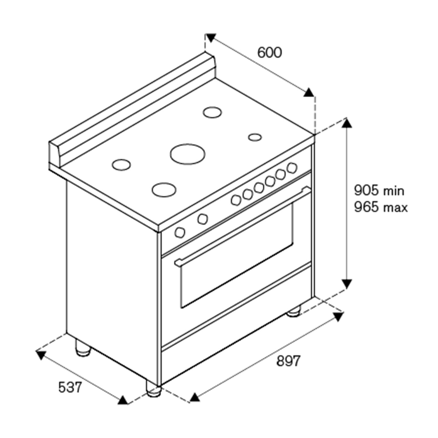 Un disegno isometrico di una cucina con dimensioni in millimetri.