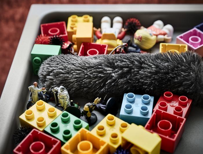 Tablett mit bunten Blöcken, Figuren und einem grauen, flauschigen Spielzeug.