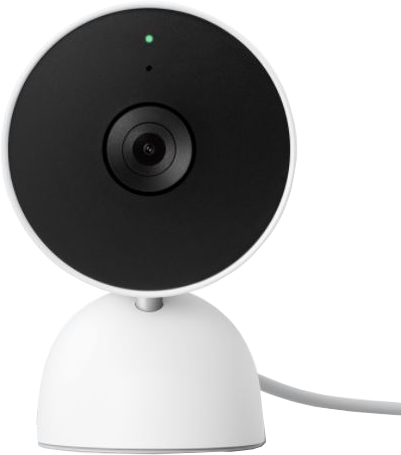 Caméra de sécurité blanche avec face noire et lumière verte. Texte : Google Nest.