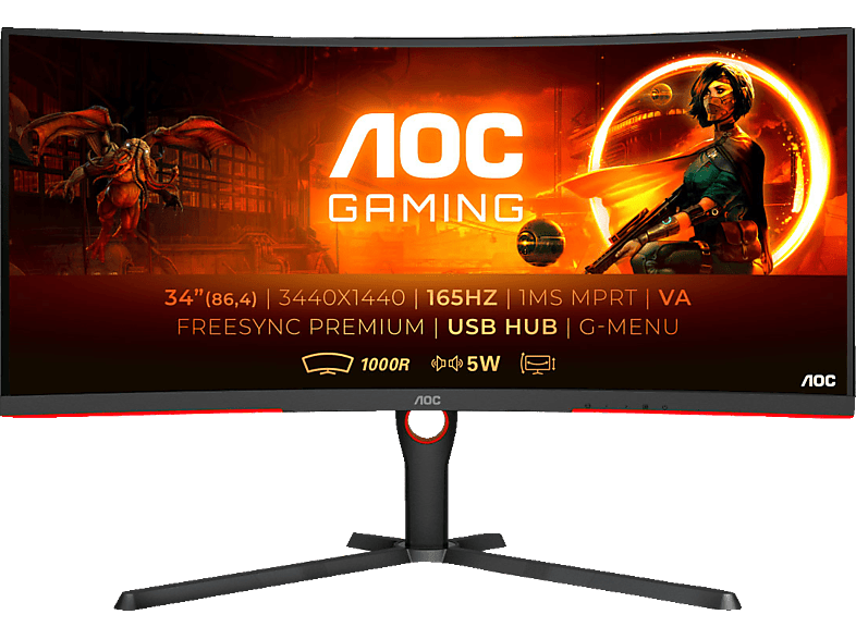 AOC CU34G3S 34 Zoll WQHD 34 Zoll Curved Gaming Monitor mit WQHD Auflösung, 165 HZ