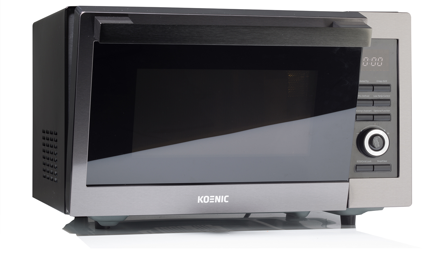 Zwart-zilveren magnetron met een digitaal display en knoppen.