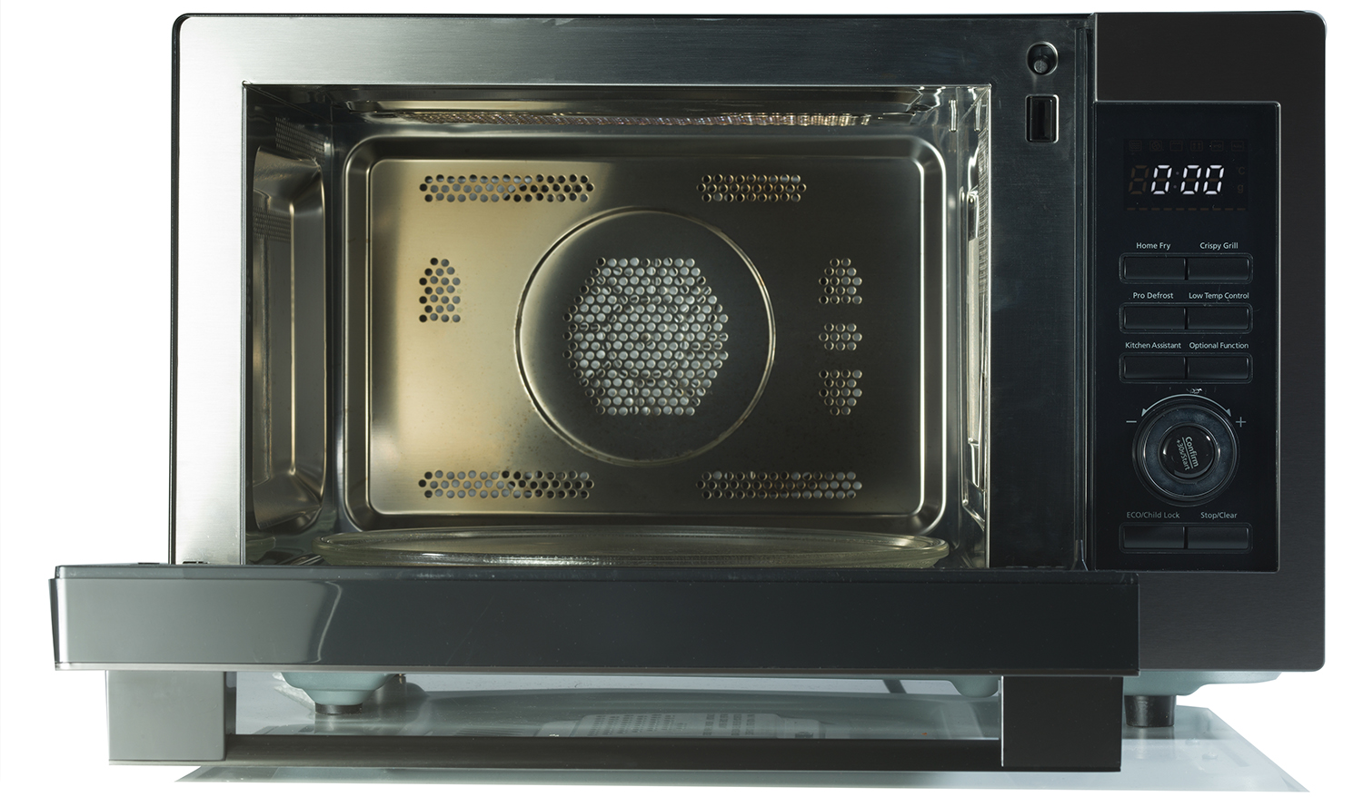 Een magnetron met een open deur, die het interieur en het bedieningspaneel laat zien.