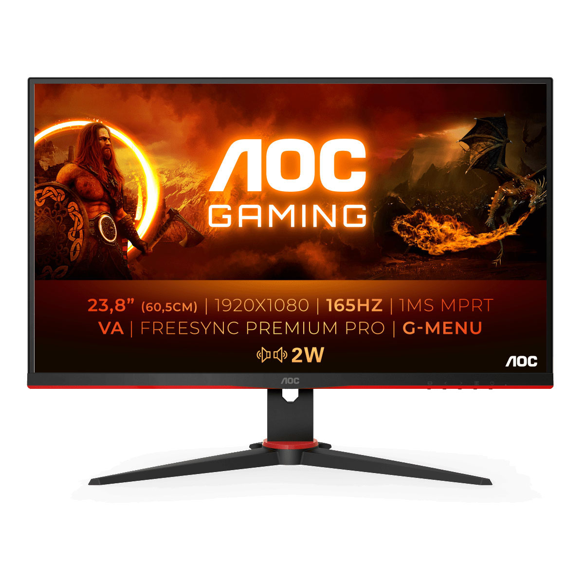 AOC Gaming-Monitor. Schwarz-rotes Design. Anzeige zeigt eine Gaming-Szene.