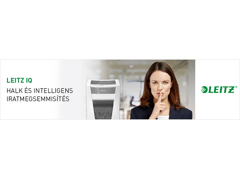 Nő az ajkán a mutatóujjal, iratmegsemmisítő és szöveg: LEITZ IQ, HALK & INTELLIGENS.