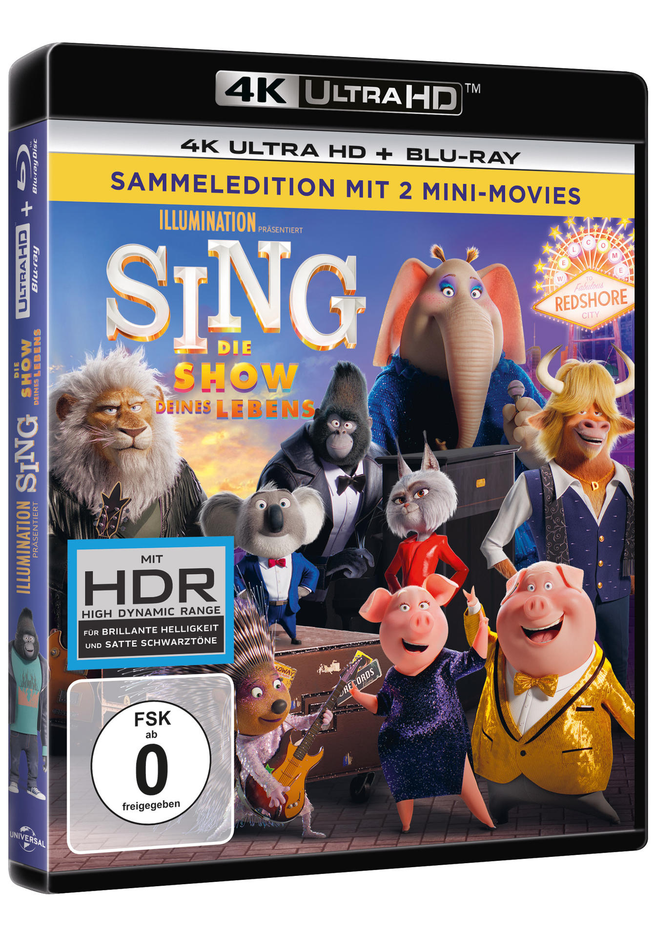 Filmcover von Sing 2 mit animierten Charakteren. Text hebt '4K Ultra HD' und 'Blu-ray' hervor.