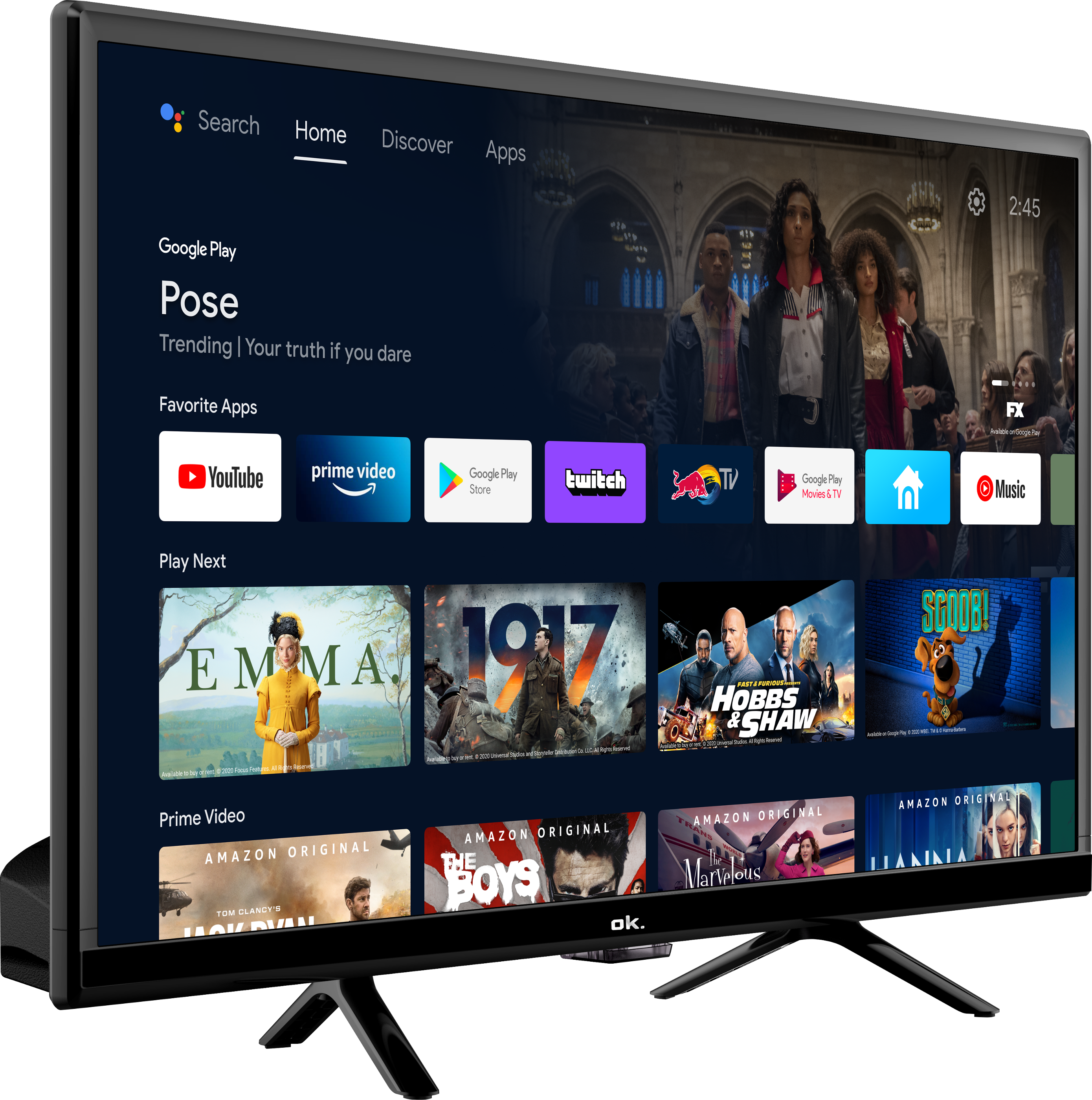 Fernsehbildschirm, der eine Sendung mit mehreren Streaming-Diensten anzeigt.