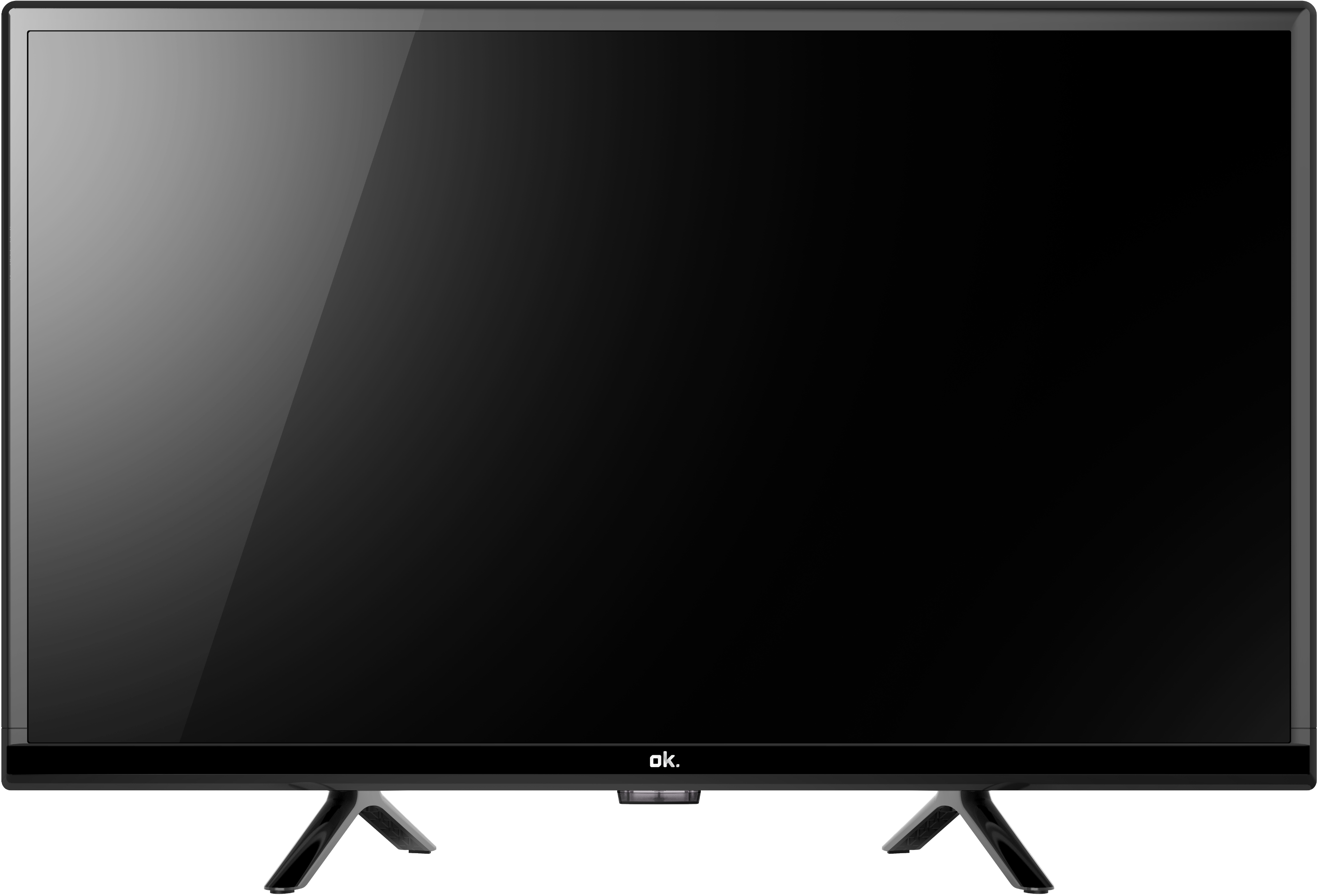 Ein schwarzer Flachbildfernseher mit glänzendem Bildschirm und schwarzem Ständer. Die Marke 'ok.' ist unten sichtbar.