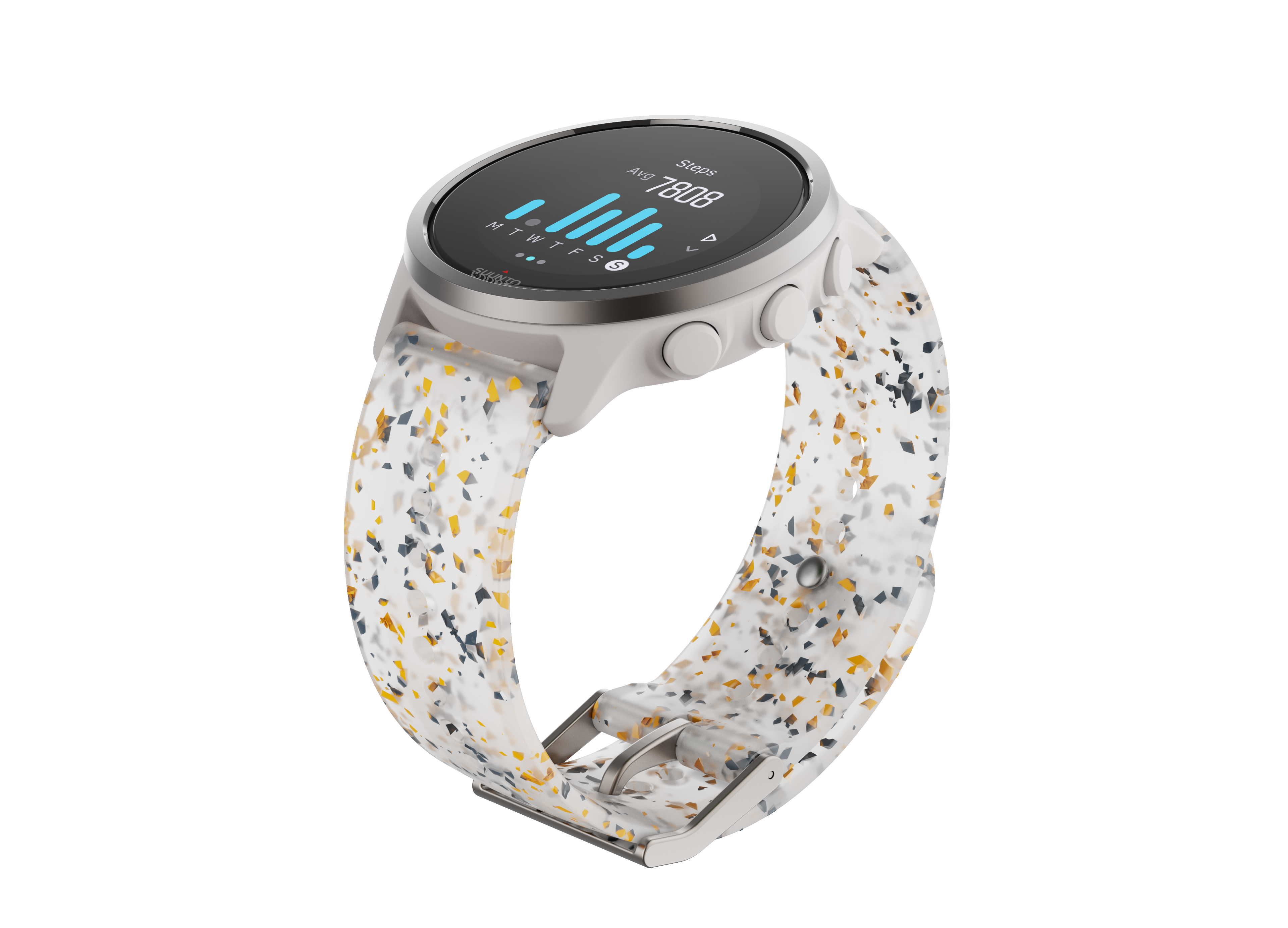 Eine weiße Suunto-Uhr mit einem weißen Armband, das mit kleinen farbigen Formen bedeckt ist.