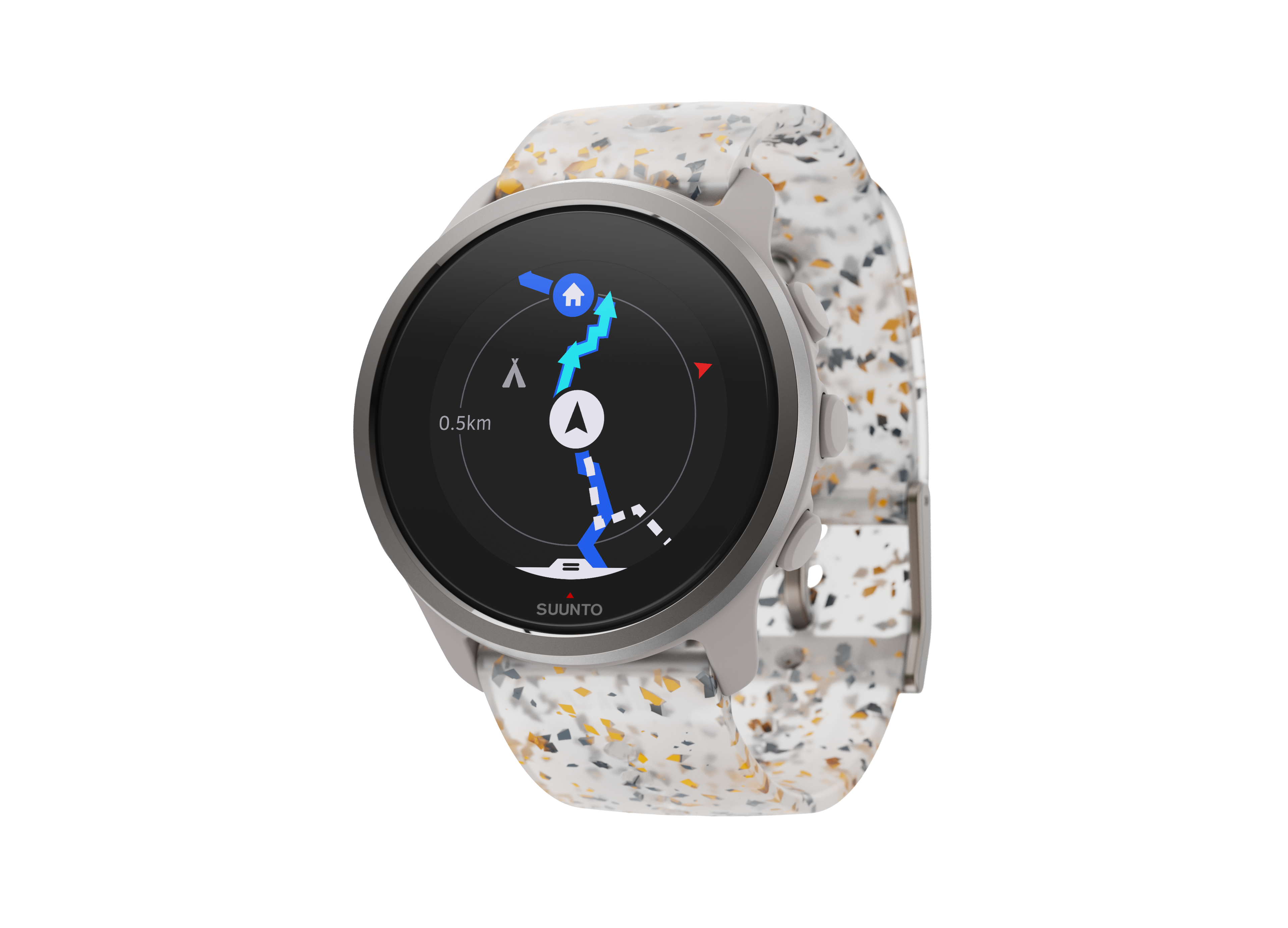 Eine Smartwatch mit weißem und gesprenkeltem Armband. Der Bildschirm zeigt eine Karte mit einer Route.