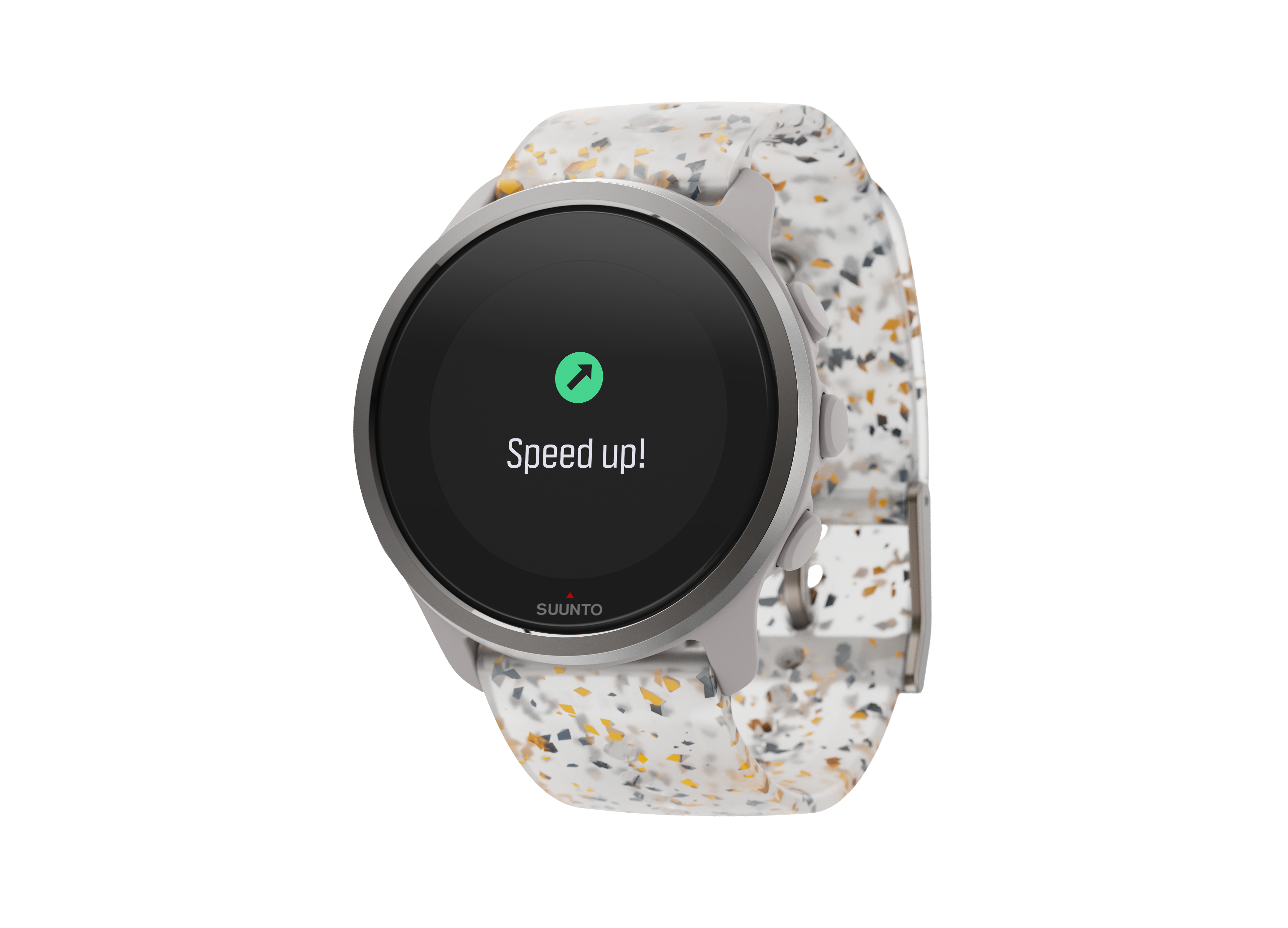 Eine weiße Suunto-Uhr zeigt die Worte „Speed up!“.