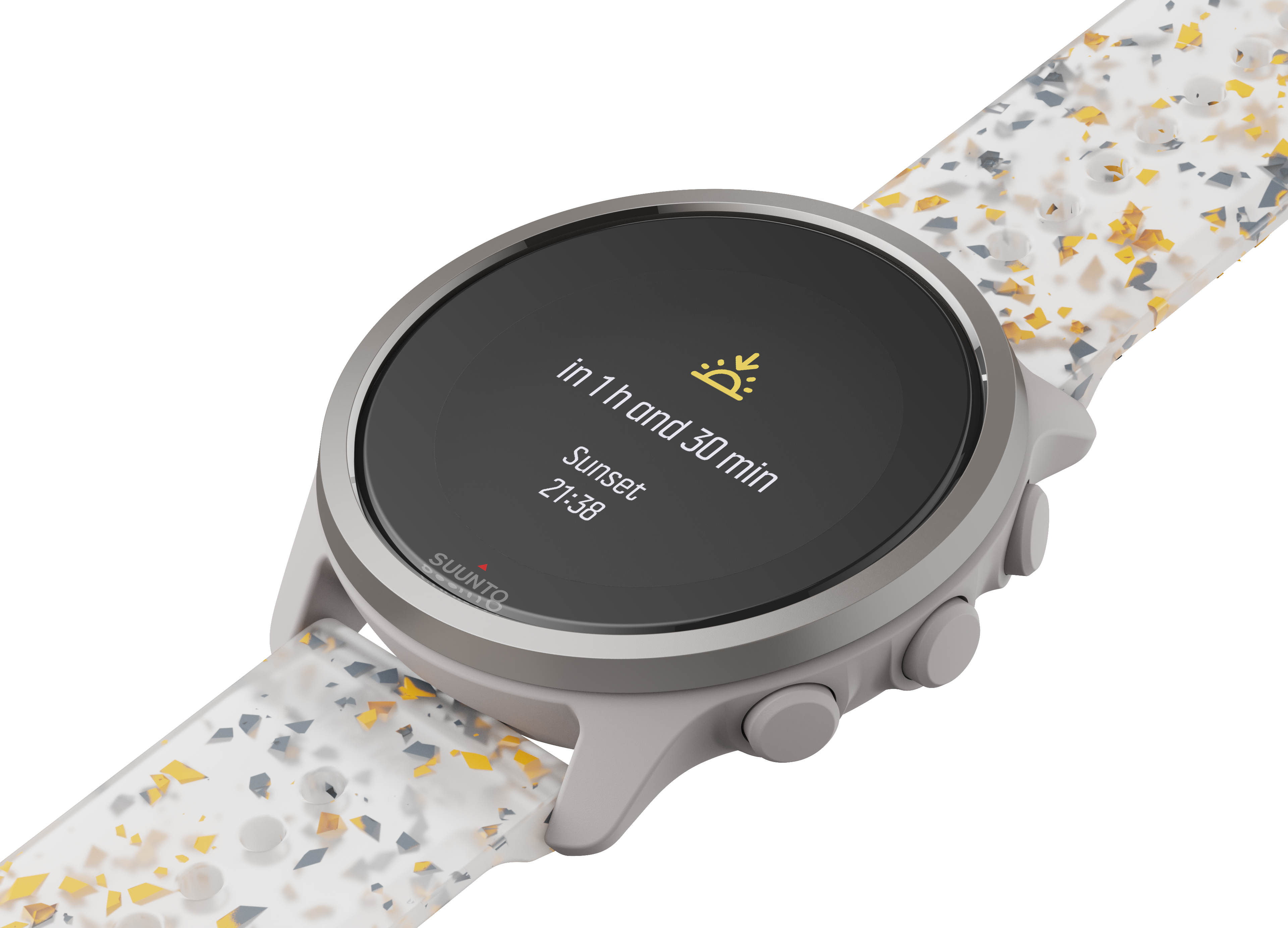Silberne Smartwatch, die Sonnenuntergangszeit und Sonnenlichtsymbol zeigt.