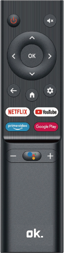 Télécommande noire avec plusieurs boutons et logos pour Netflix, YouTube et Google Play.