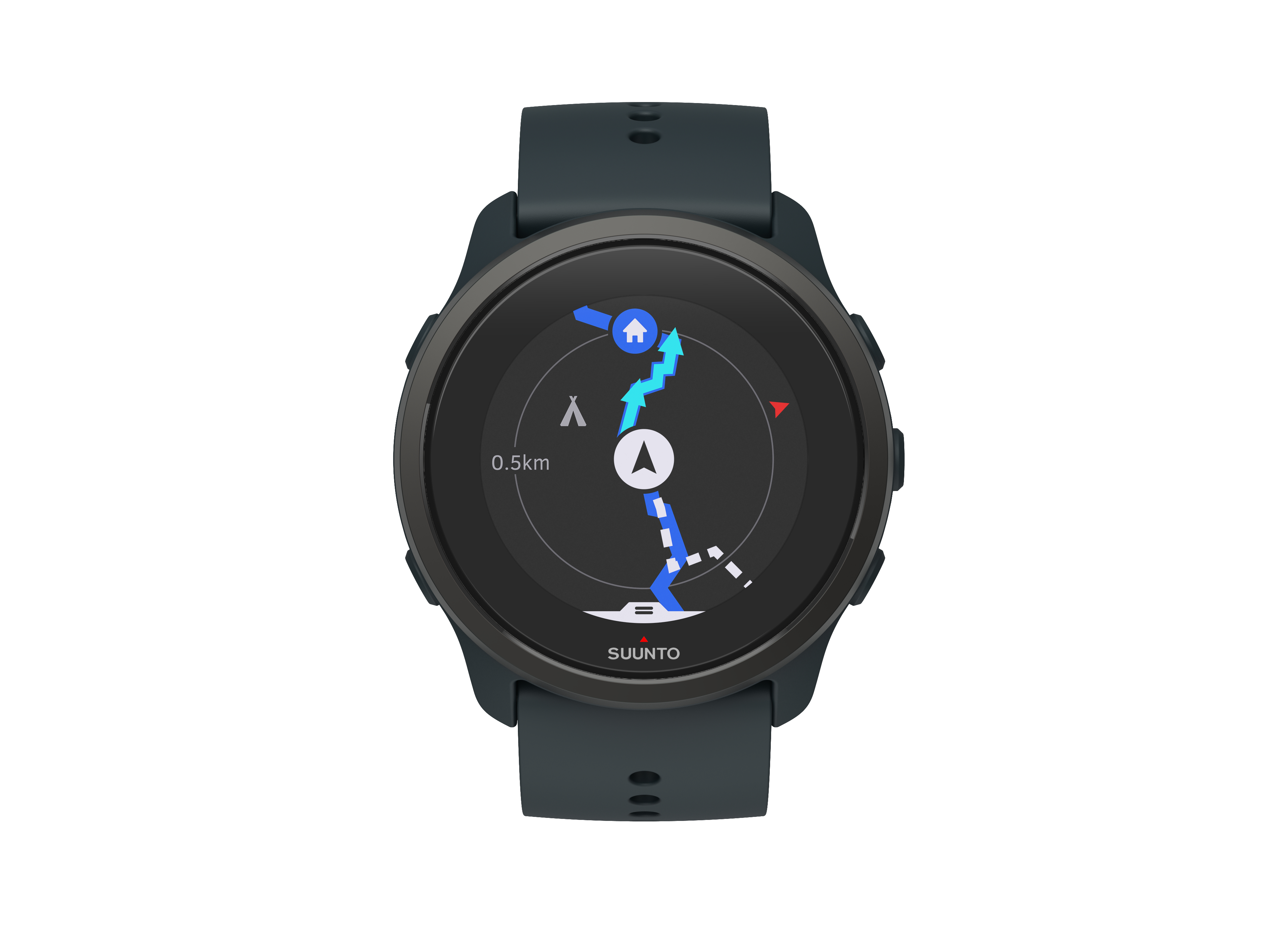 Smartwatch mit Kartenanzeige, zeigt eine Route, auf weißem Hintergrund.