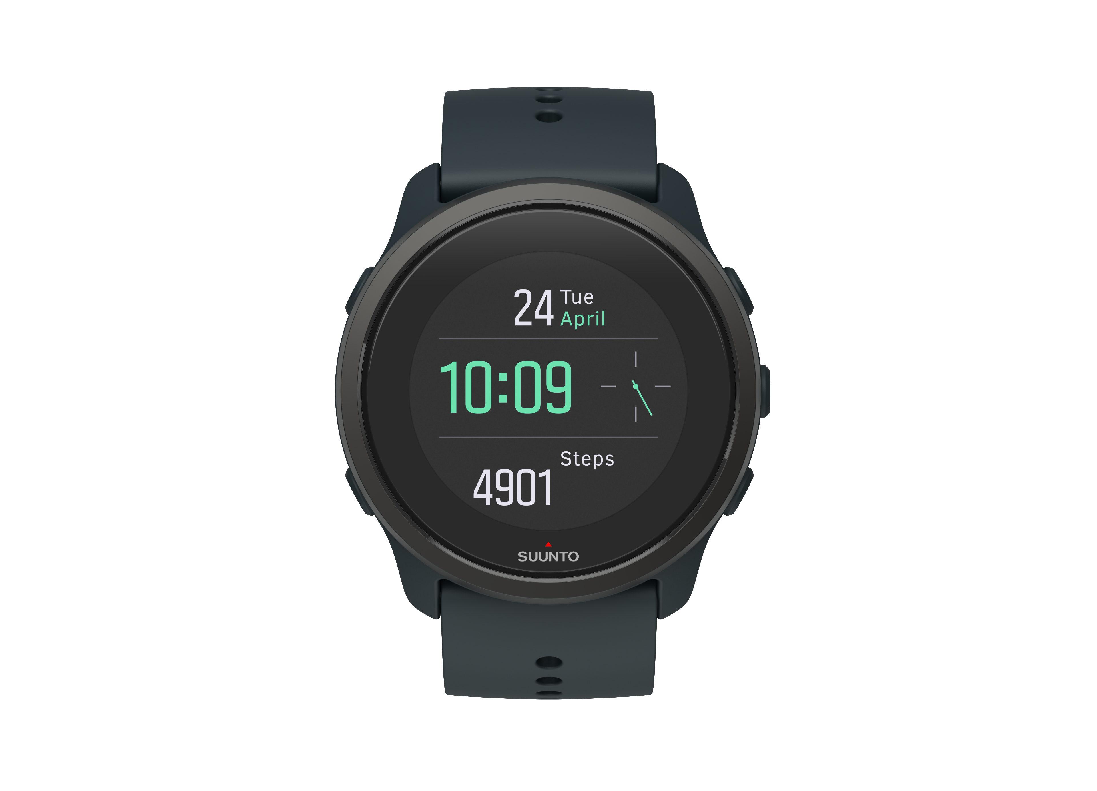 Eine Suunto Smartwatch, die Uhrzeit, Datum und Schritte anzeigt.
