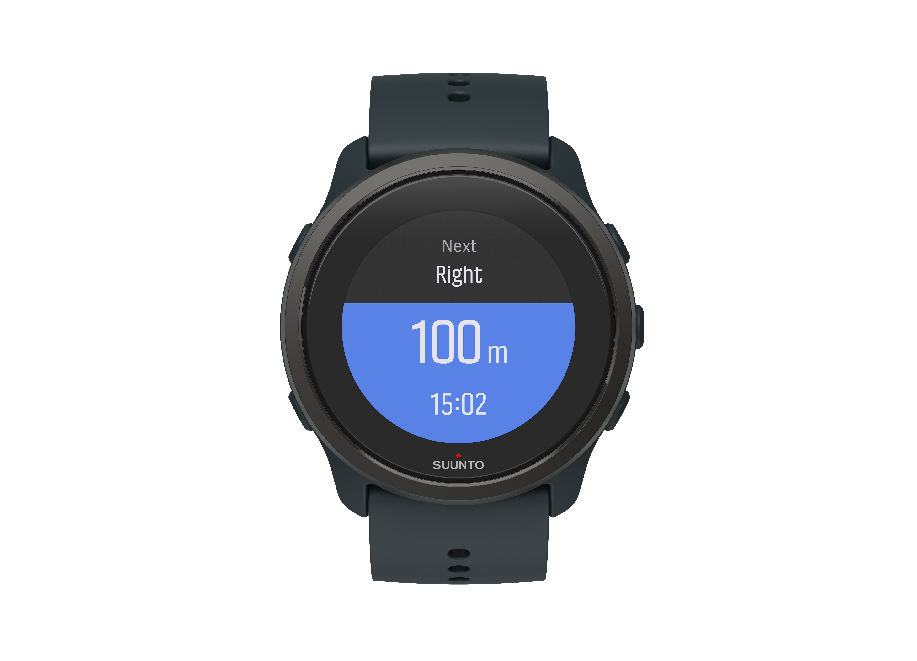 Runde Smartwatch mit blauem Text und blauem Armband. Weißer Hintergrund.