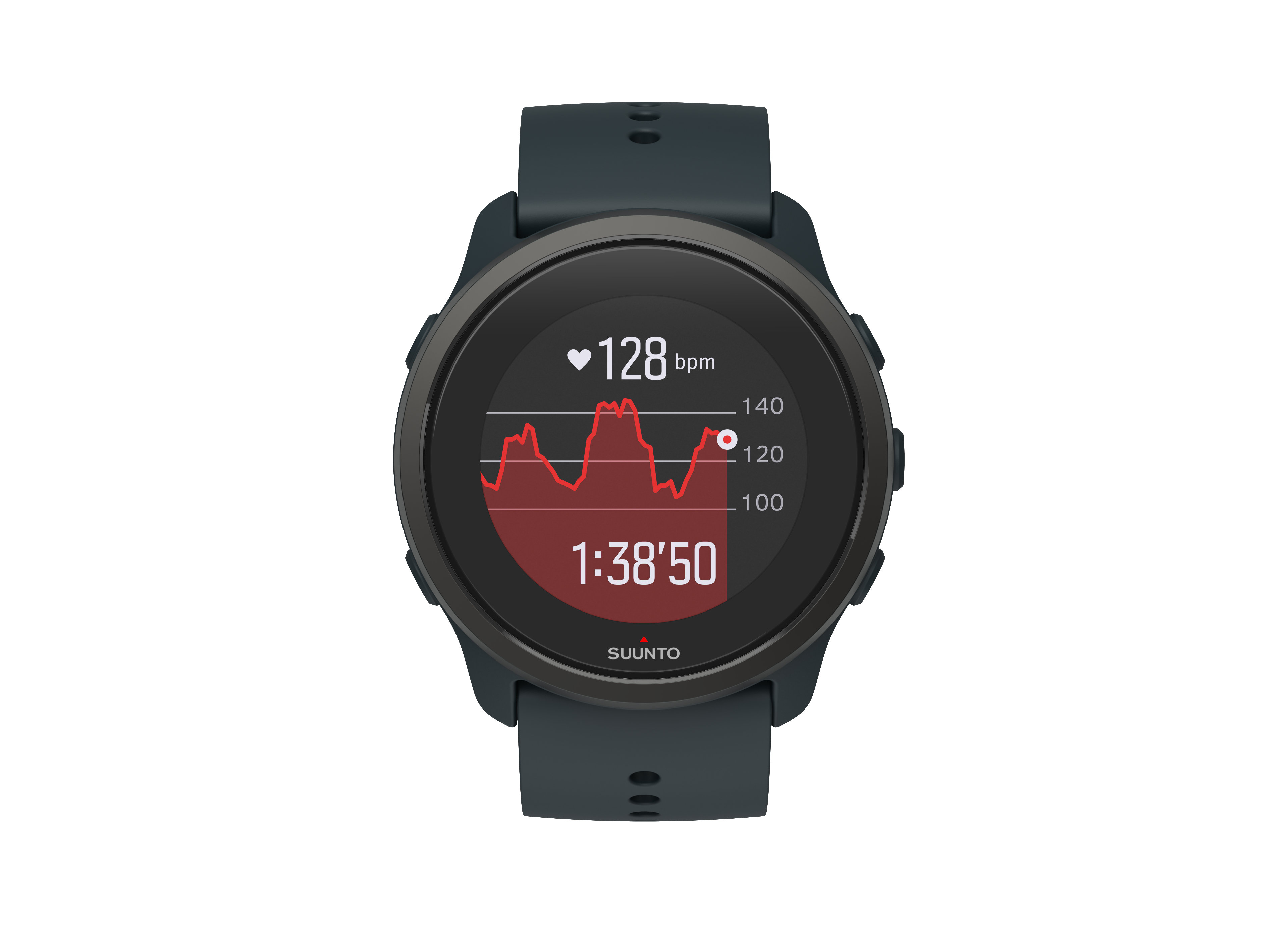Eine Suunto Smartwatch zeigt Herzfrequenz und Zeit an, mit einem roten Herzfrequenzdiagramm.