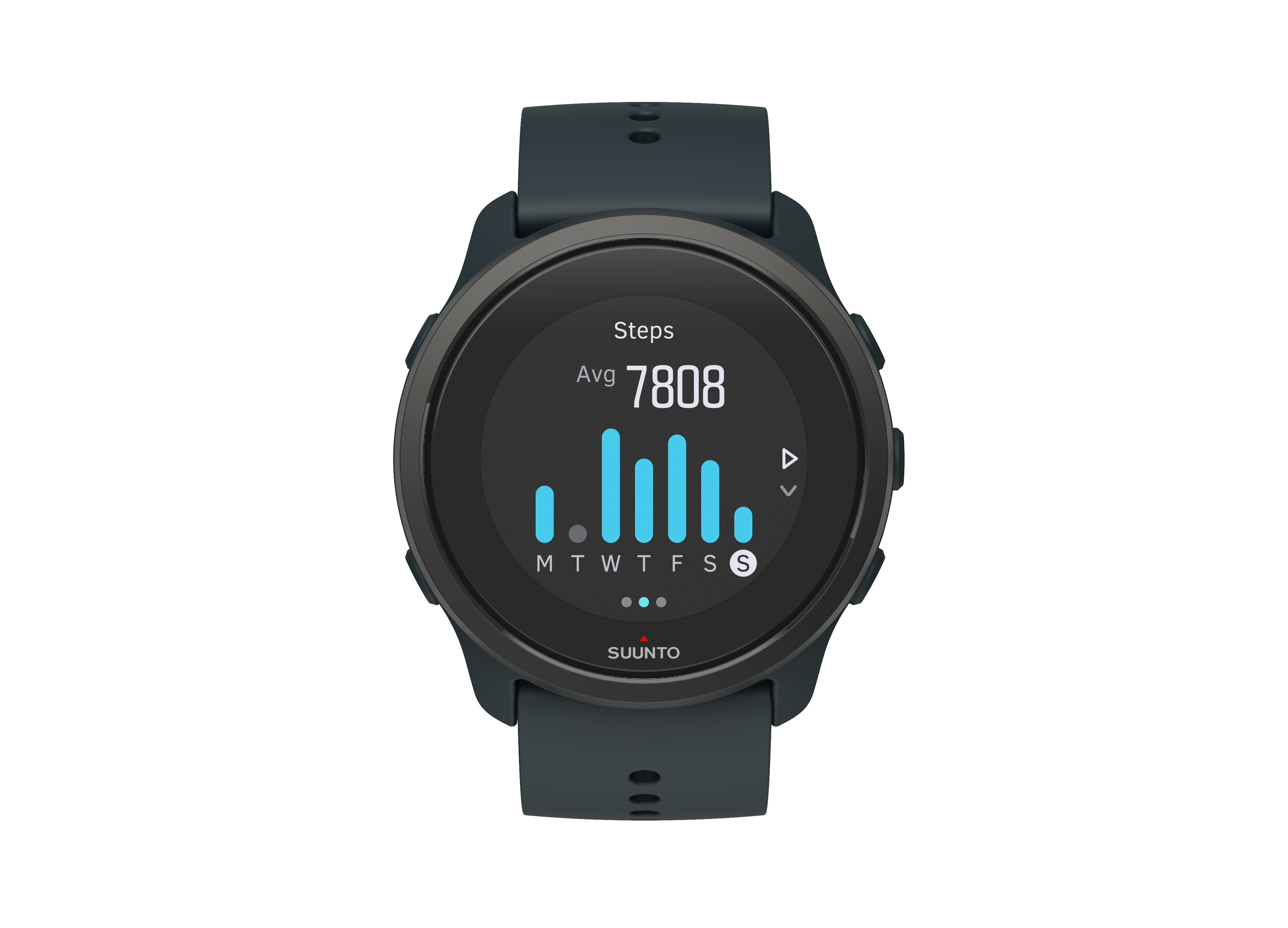 Dunkelgraue Suunto Smartwatch zeigt Schritte, durchschnittliche Schritte und ein wöchentliches Schrittdiagramm. Dunkelgraues Armband.