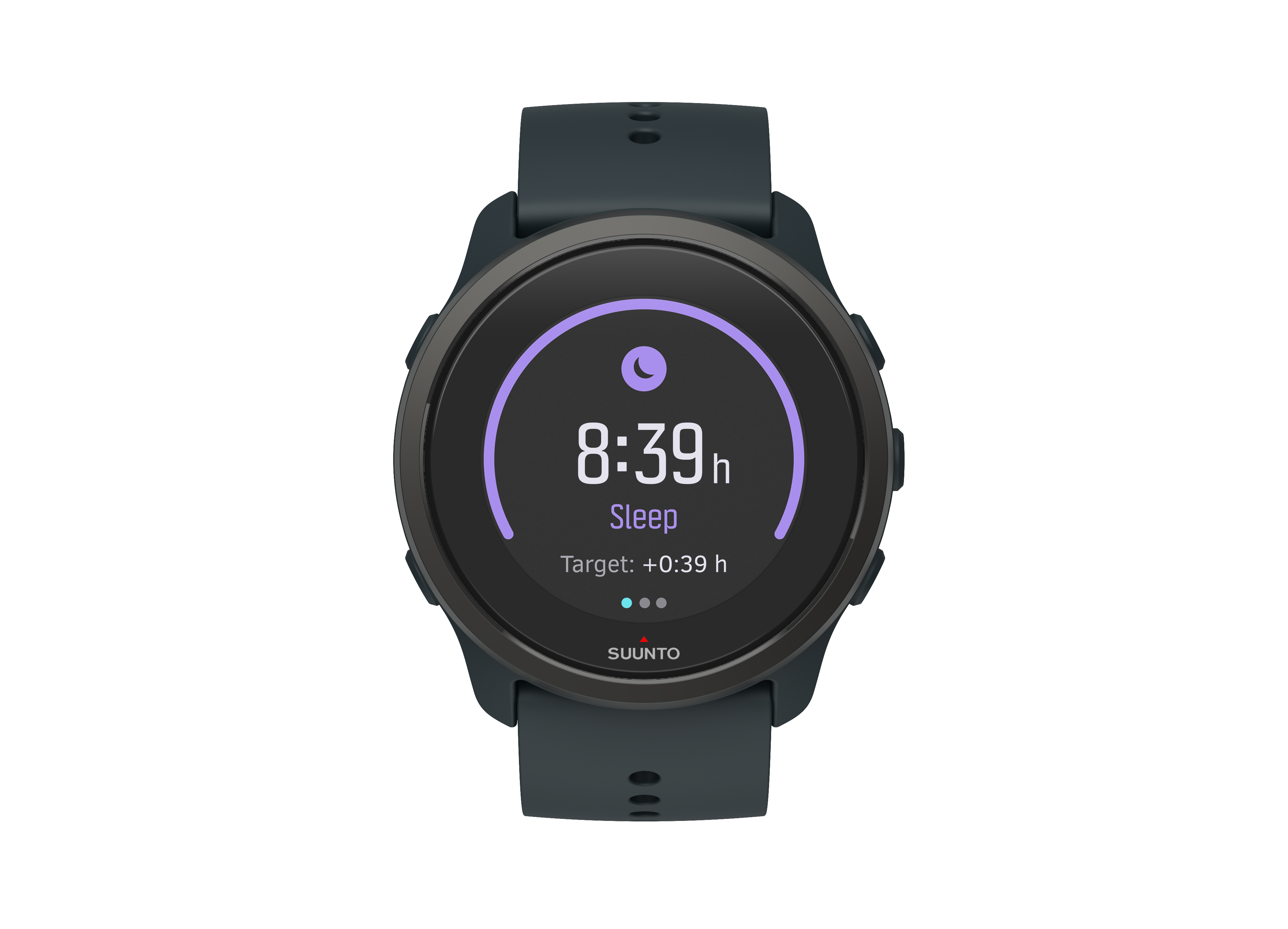 Dunkelgraue Smartwatch, die Schlafdaten anzeigt, auf weißem Hintergrund.
