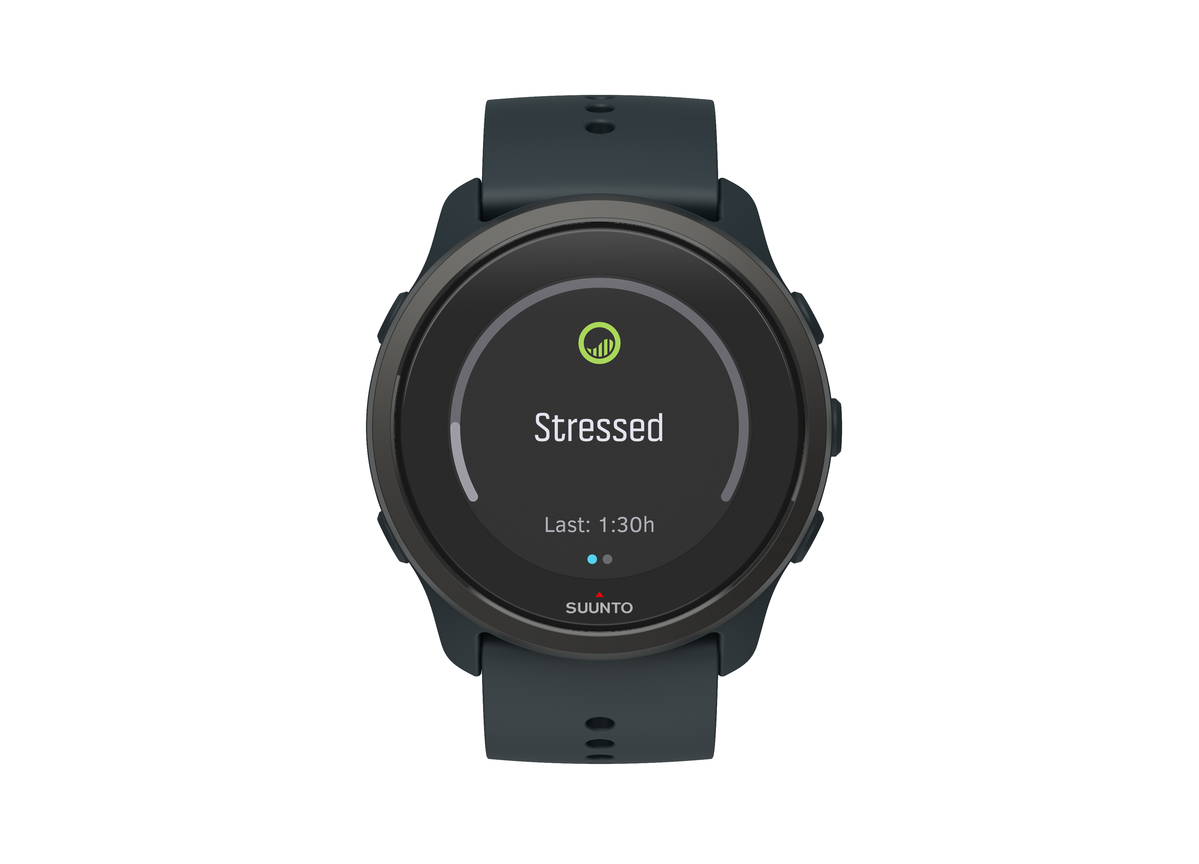 Eine Suunto Smartwatch, die 'Stressed' auf dem Bildschirm anzeigt.