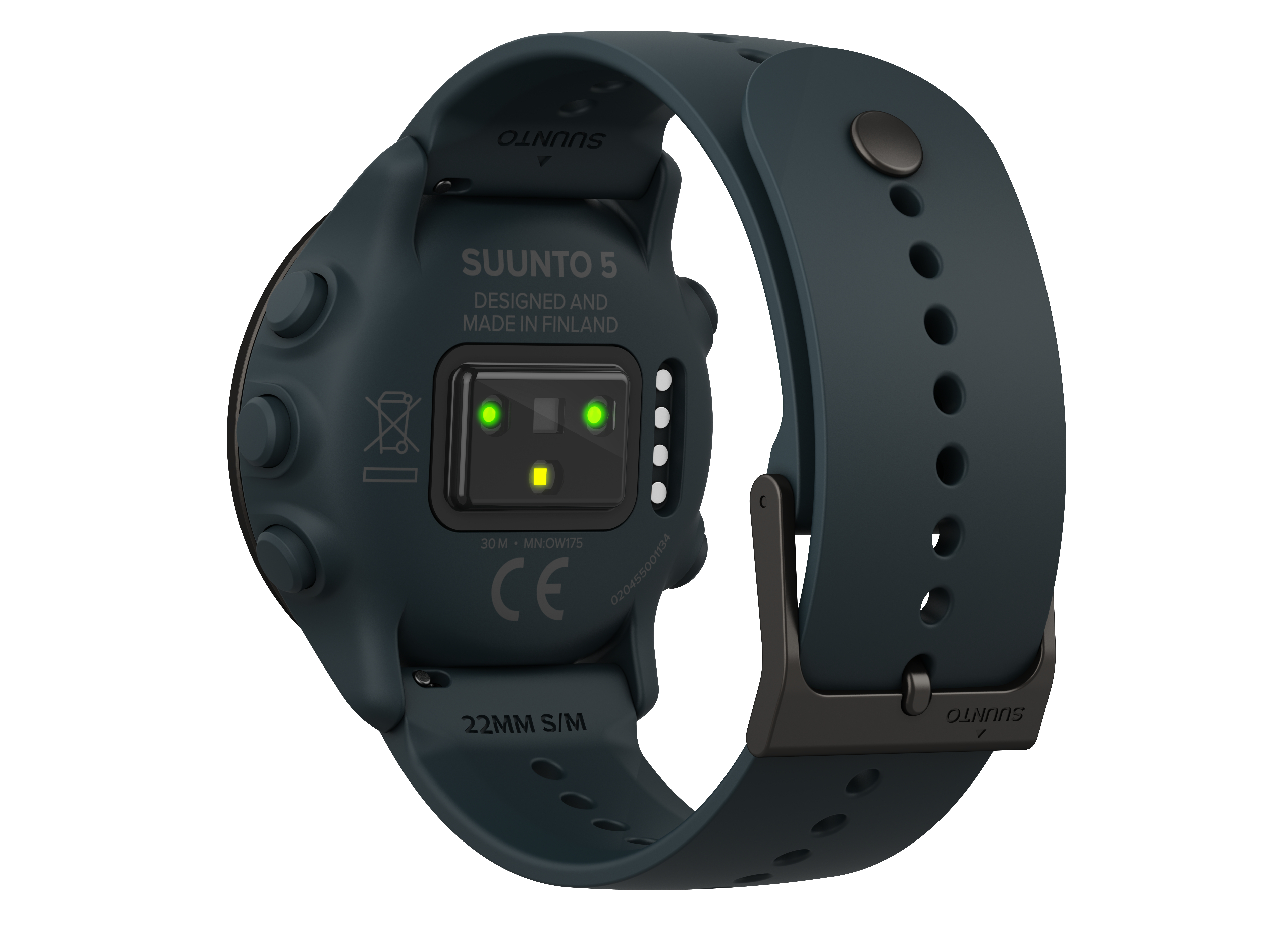 Dunkelblaugrüne Suunto 5 Uhr, Rückansicht. Herzfrequenzsensor und Armband mit Schnalle sichtbar.