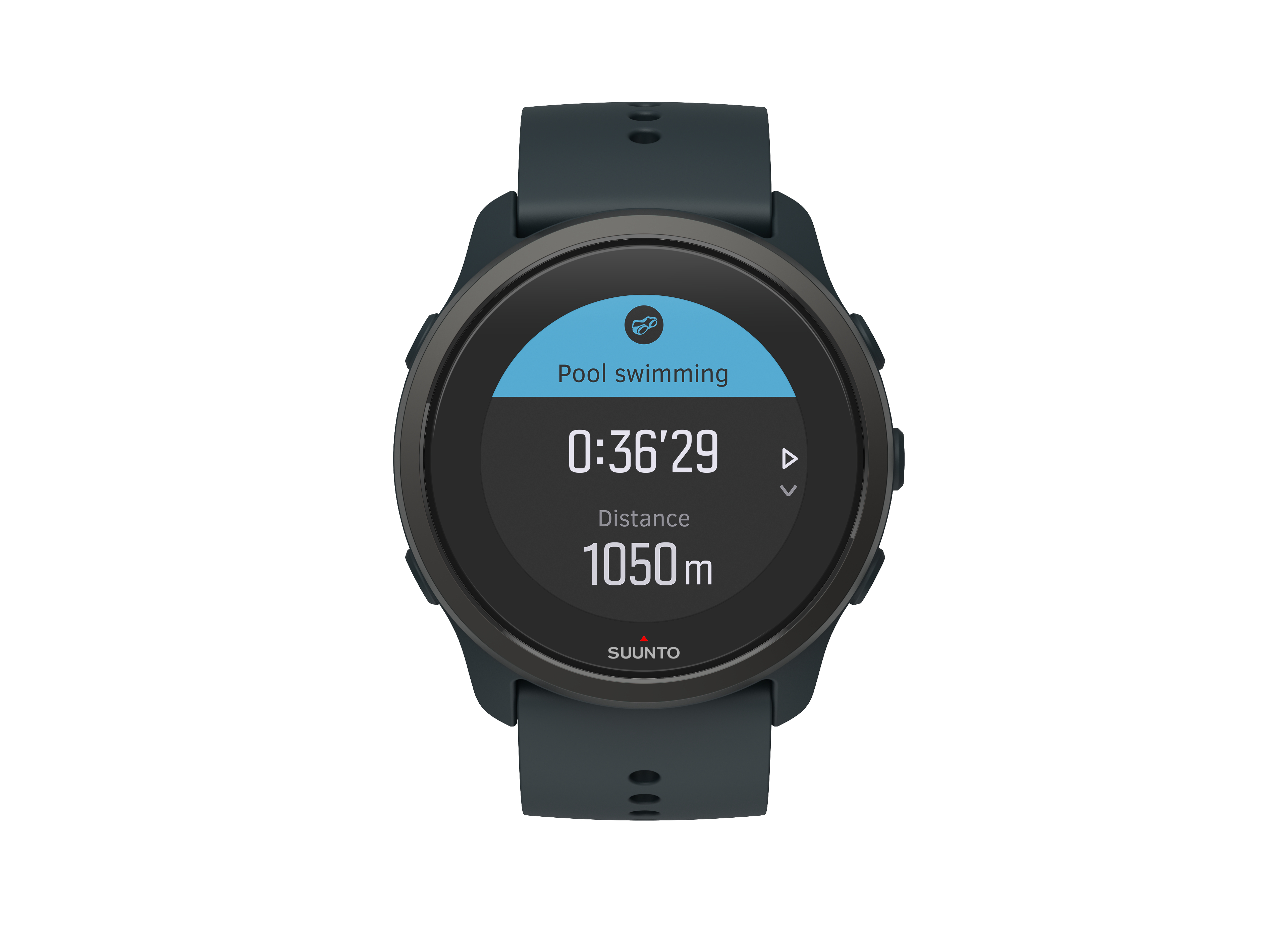 Suunto 5 Uhr zeigt Schwimmdaten: Zeit, Distanz und Schwimm-Symbol.