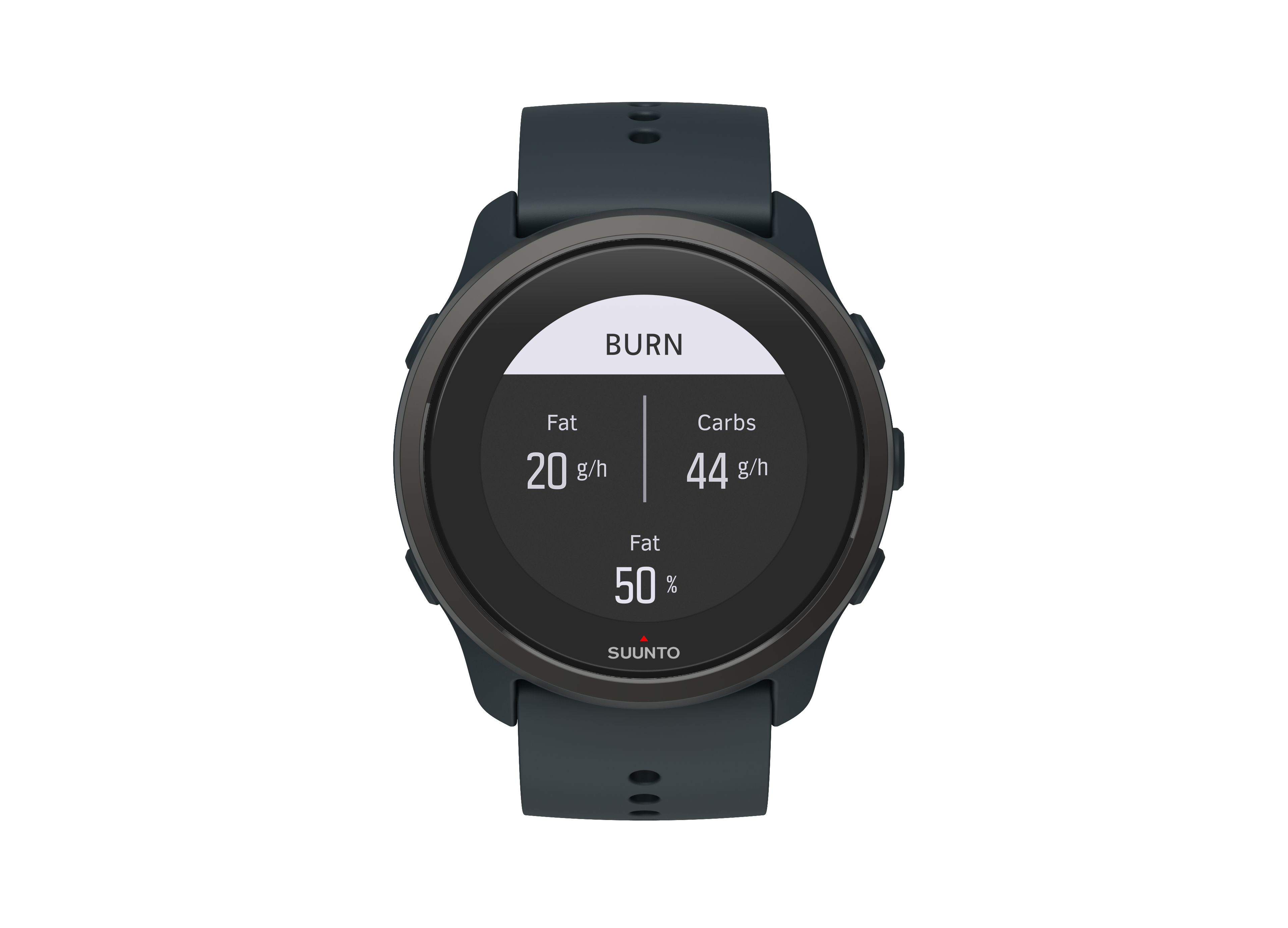 Dunkelgraue Suunto Fitnessuhr zeigt Verbrennungsstatistiken: Fett 20g/h, Kohlenhydrate 44g/h, Fett 50%.