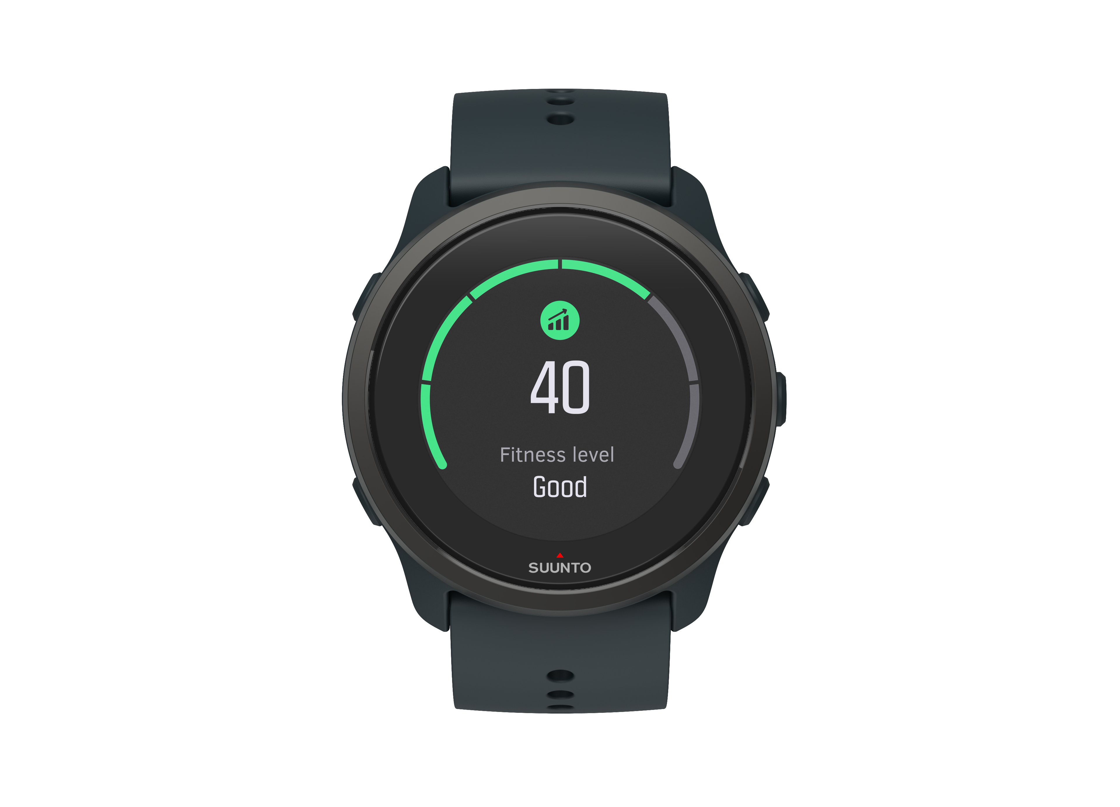 Schwarze Smartwatch mit grünem Display, das den Fitnesslevel 'Gut' und den Wert '40' anzeigt.