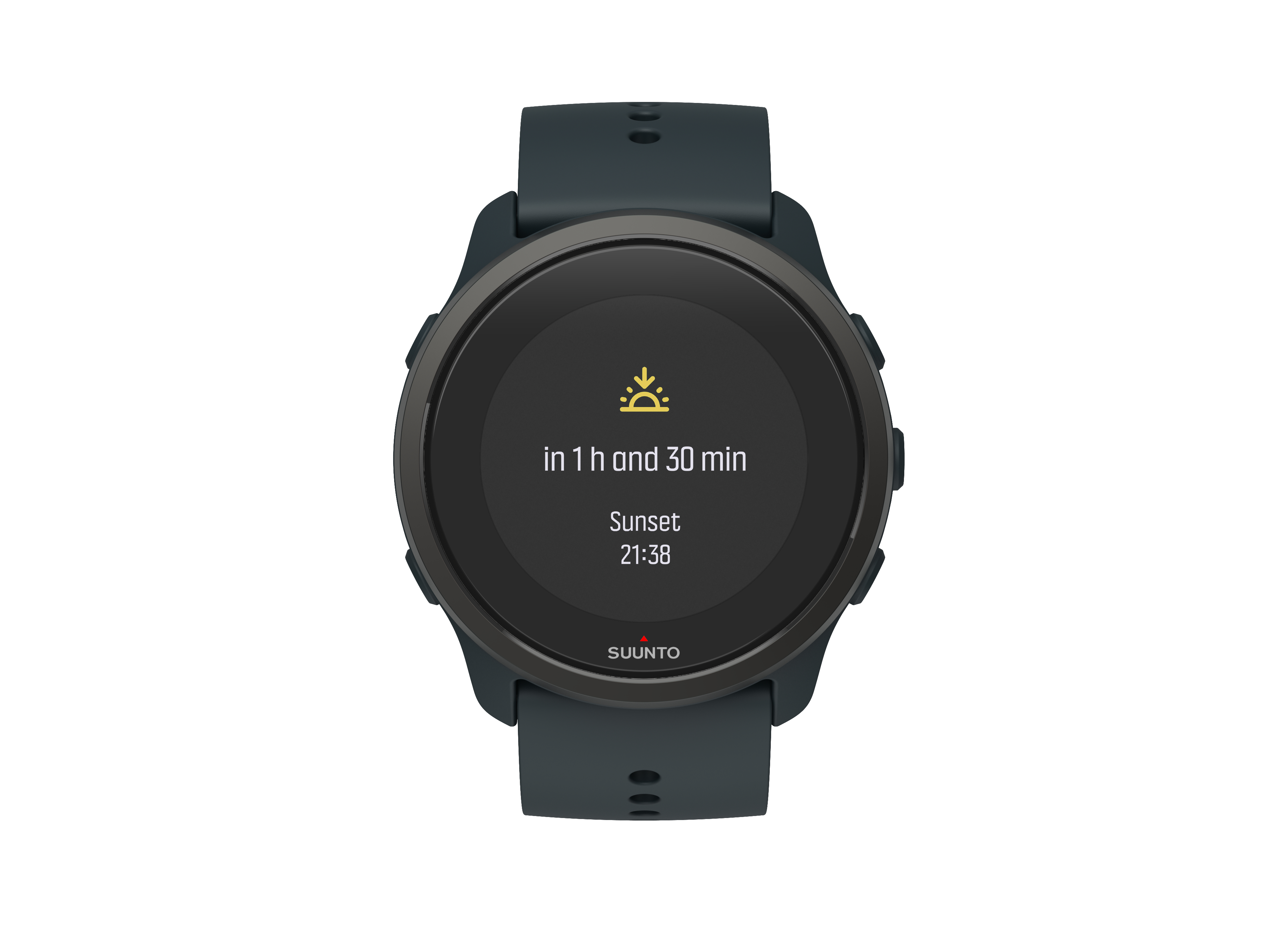 Dunkle Suunto-Uhr. Display zeigt Sonnenuntergangszeit in 1h 30m an. Dunkelblaues Armband. Weißer Hintergrund.