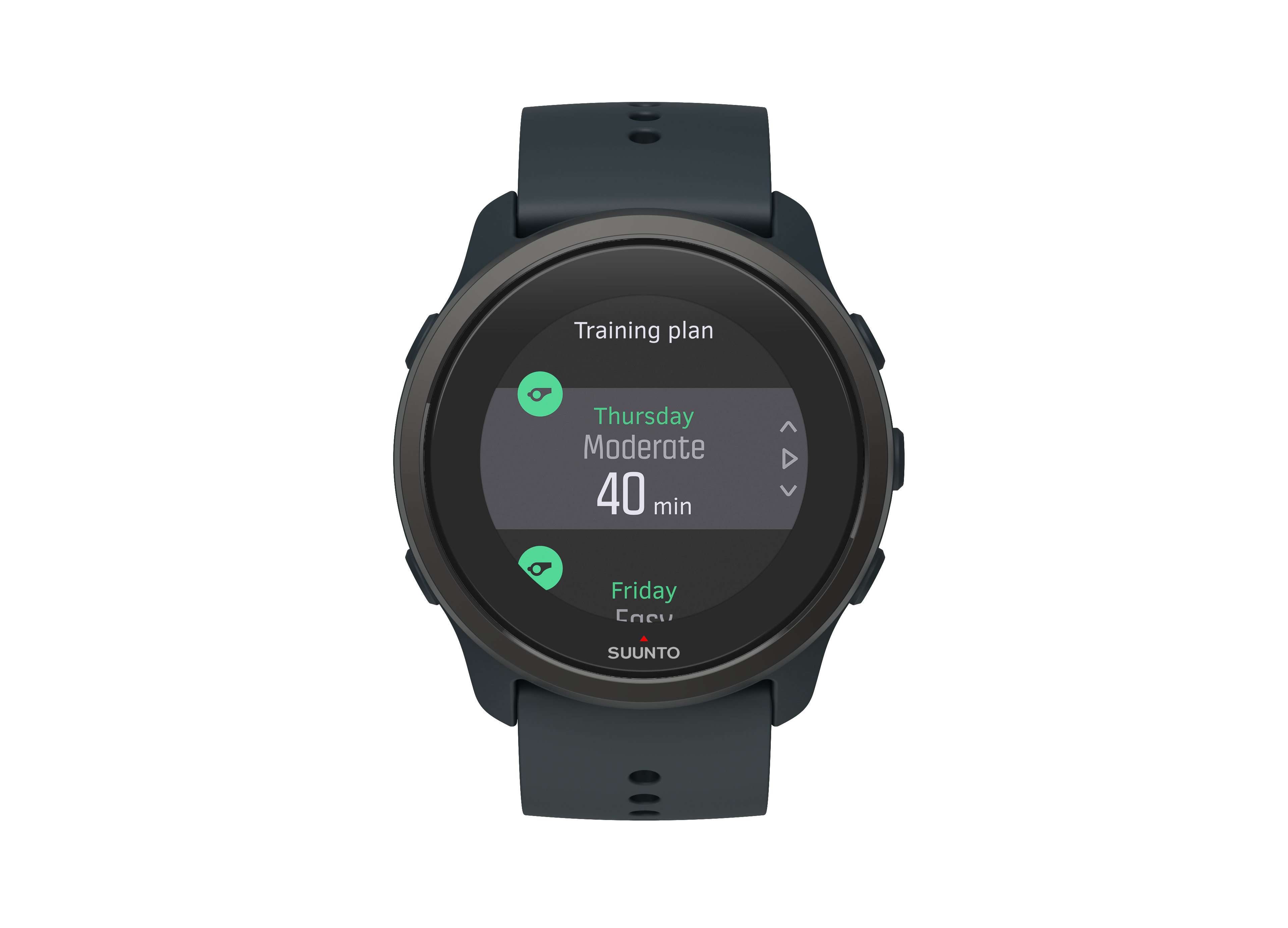 Eine Suunto Smartwatch zeigt einen Trainingsplan mit dem moderaten Training am Donnerstag.