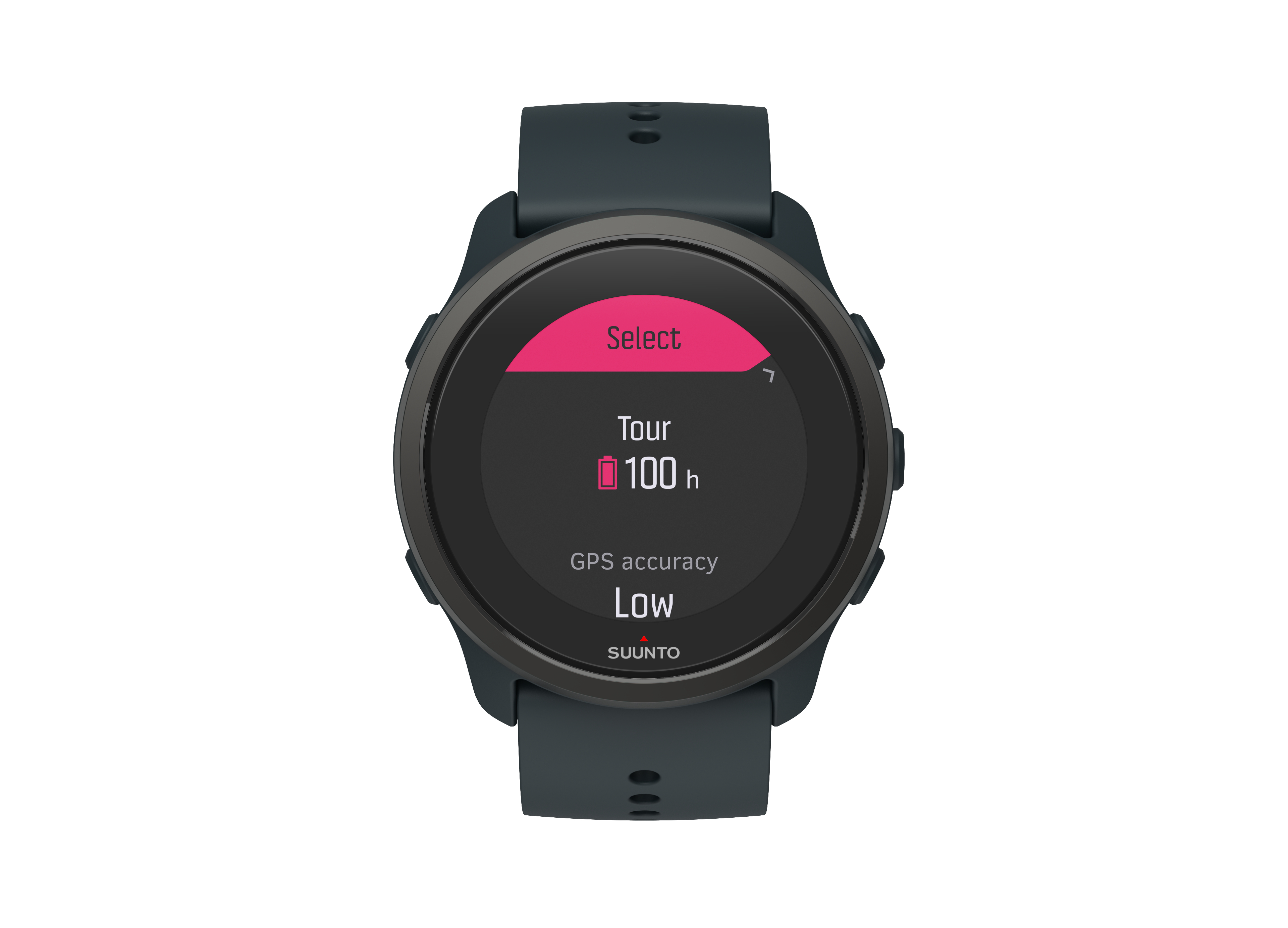 Eine Suunto Smartwatch, die 'Tour' und '100h' Akkulaufzeit anzeigt. Der Bildschirm ist pink.