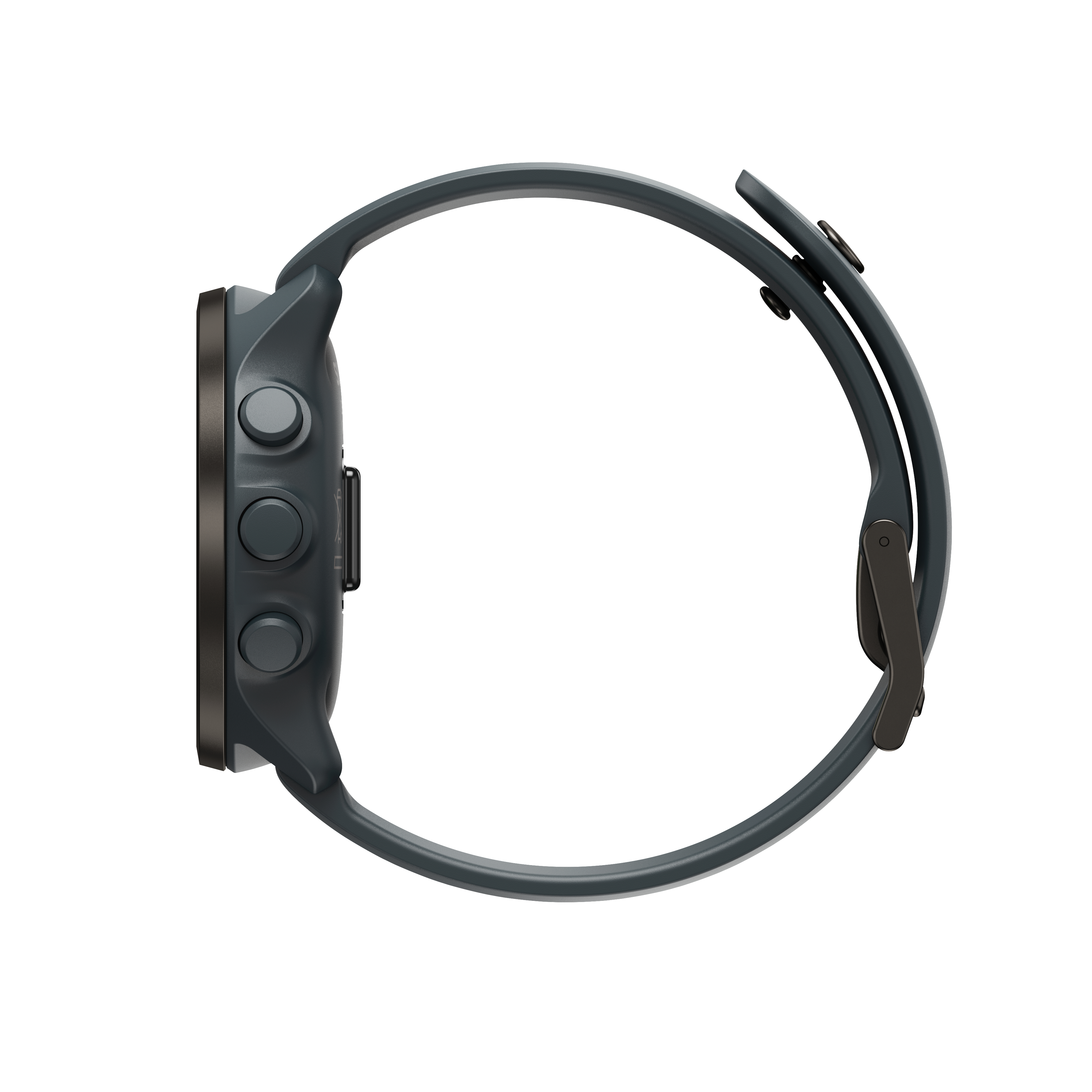 Seitenansicht einer dunkelgrauen Garmin Sportuhr mit schwarzen Knöpfen und einem grauen Armband.