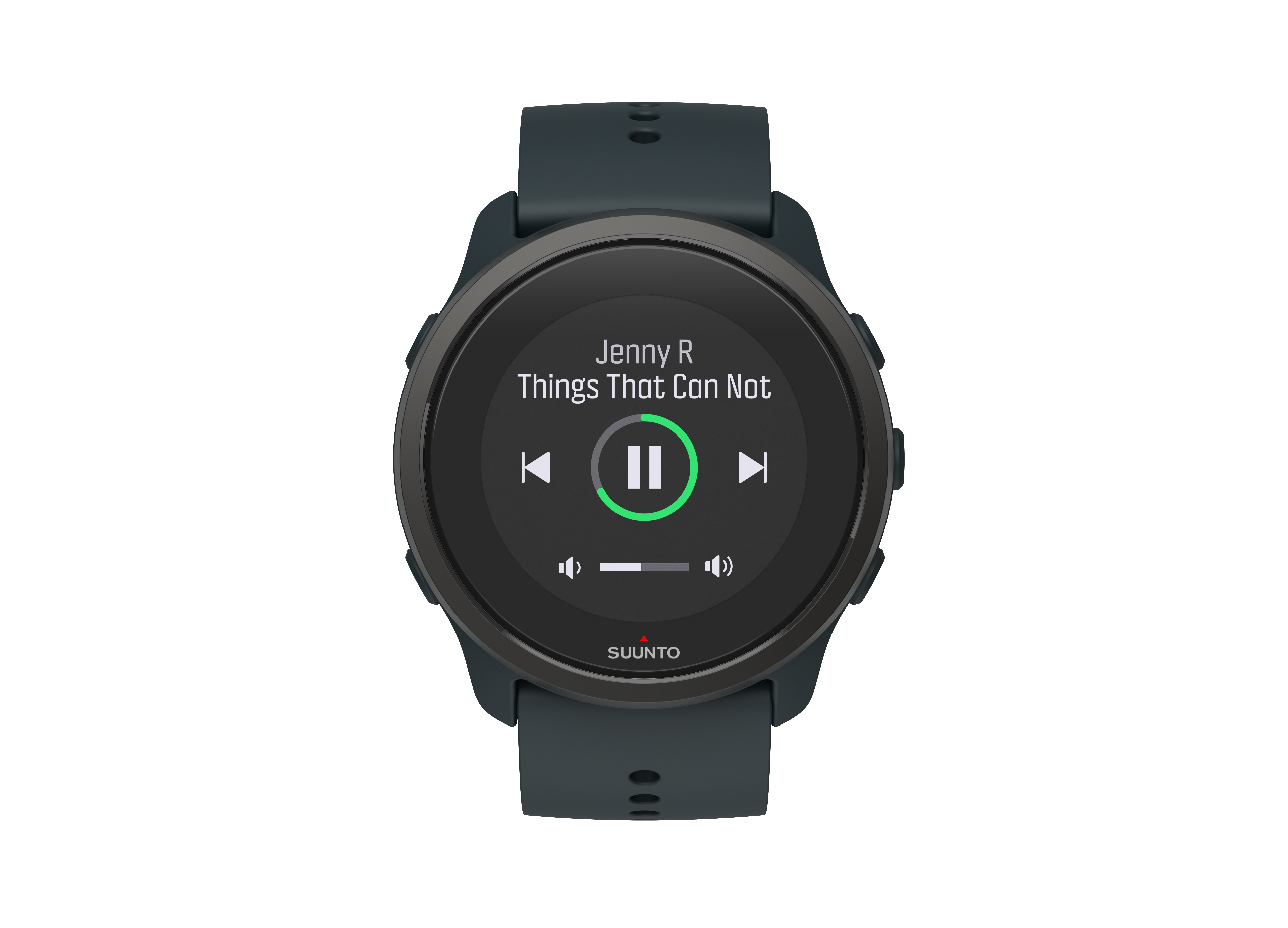 Eine Suunto-Uhr mit einer Musikwiedergabeoberfläche, mit Songnamen und Steuertasten.