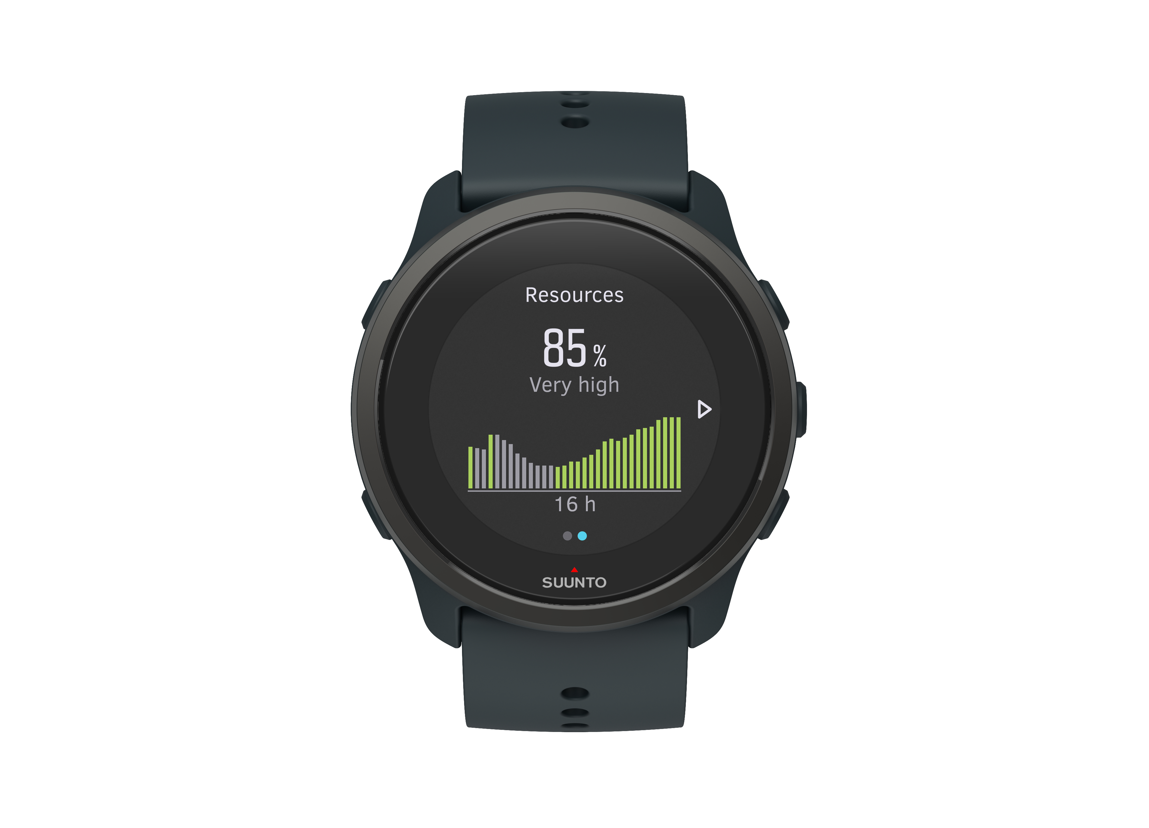 Eine Suunto Smartwatch mit einem Ressourcen-Diagramm bei 85 % und 16 Stunden Akkulaufzeit.