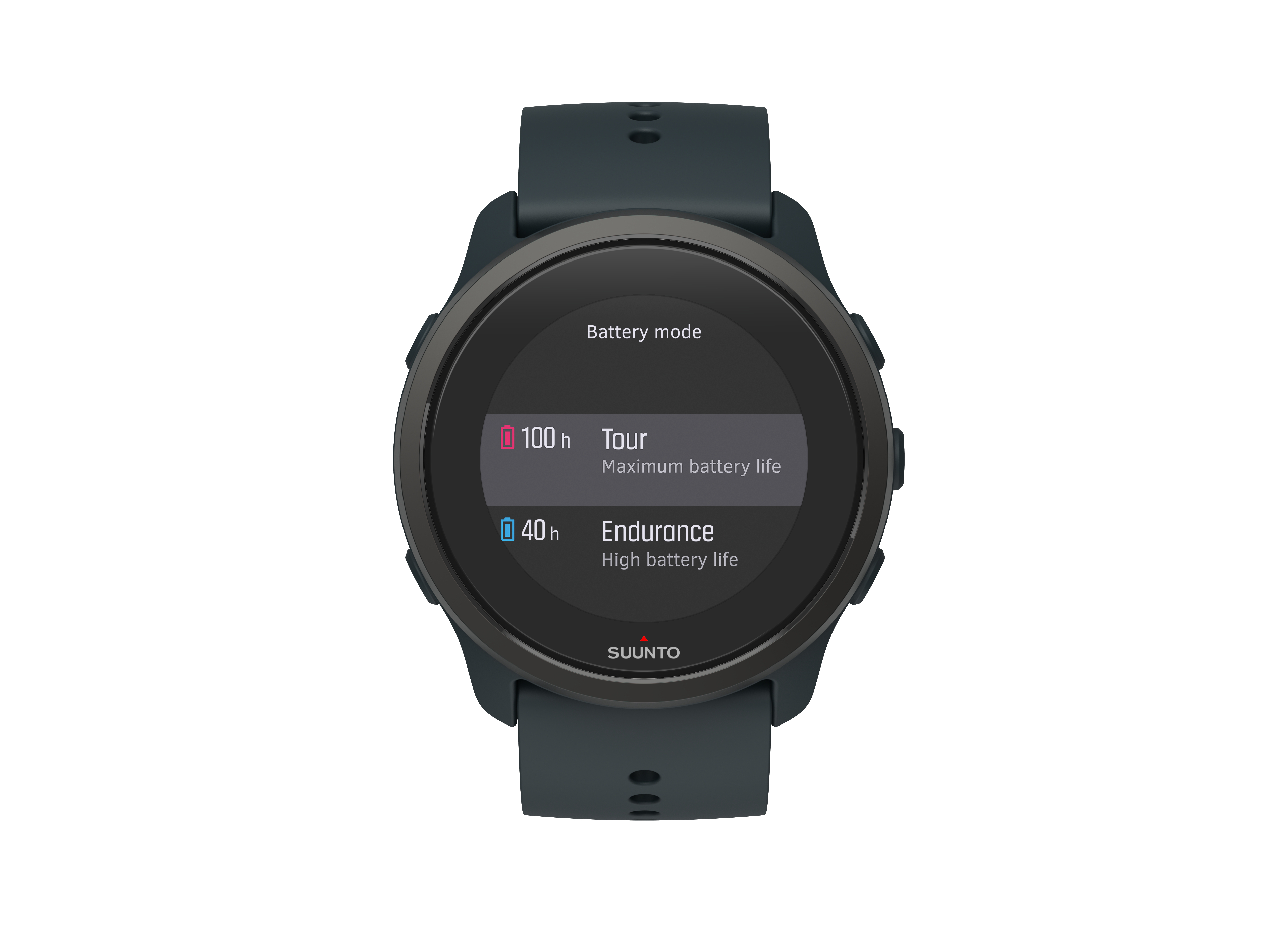 Suunto 5 Uhr im Batteriemodus, zeigt Optionen für die Akkulaufzeit.