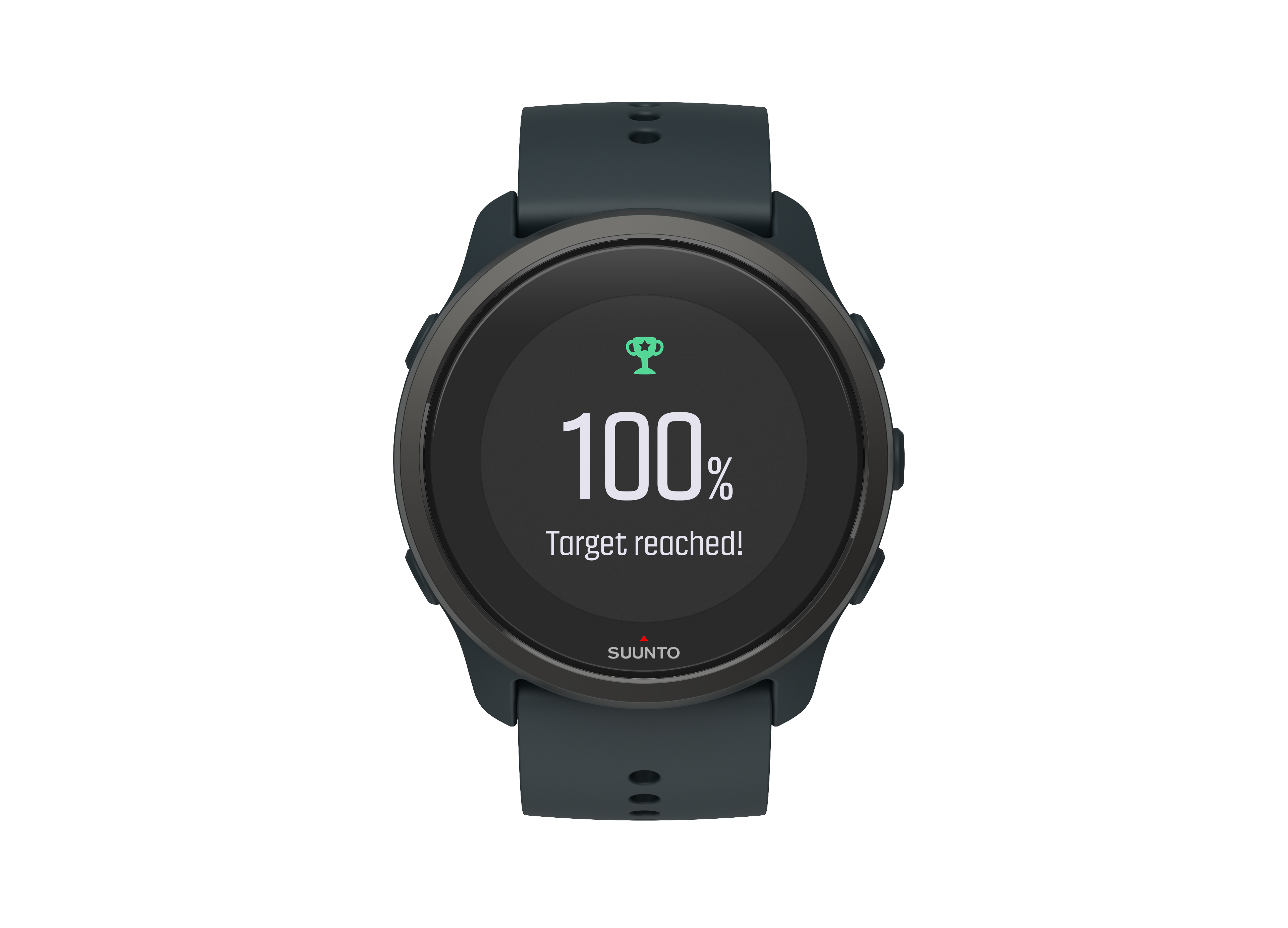 Schwarze Smartwatch zeigt 100% Ziel erreicht mit Trophäen-Symbol. Die Marke ist Suunto.